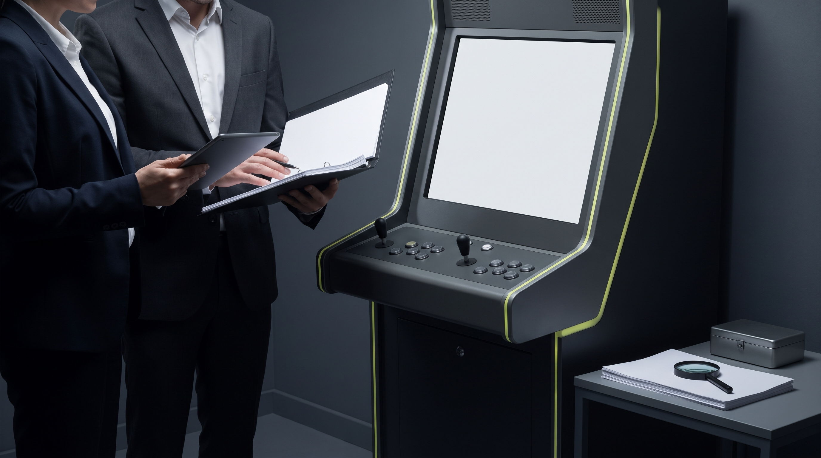Conceptual skill machine vendor illustration: two figures beside an unbranded cabinet and a blank laptop.