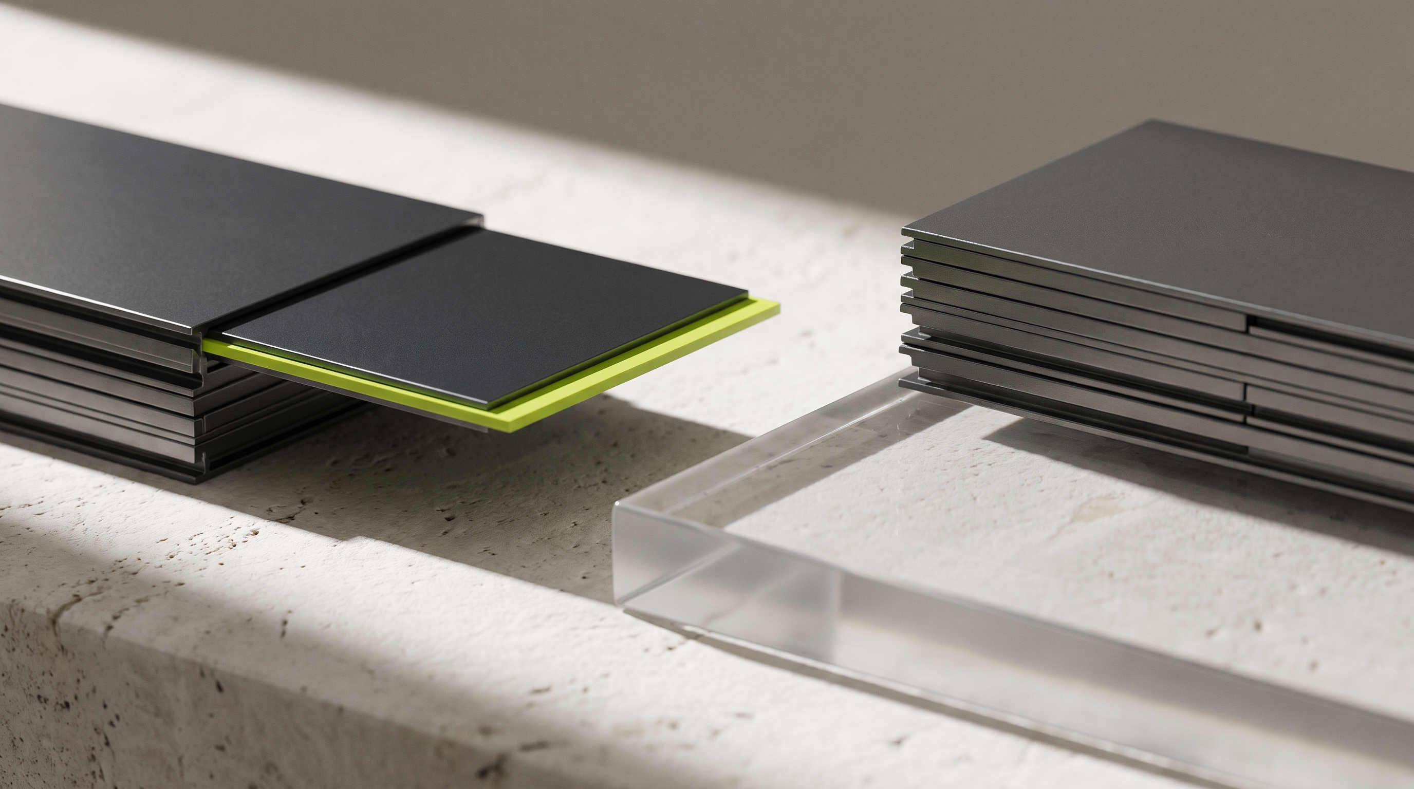 A stack of graphite-metal panels sits intact while an identical stack beside it has one panel pulled halfway out at an angle, revealing a thin lime-green edge, lit by a single raking light on an off-white surface.