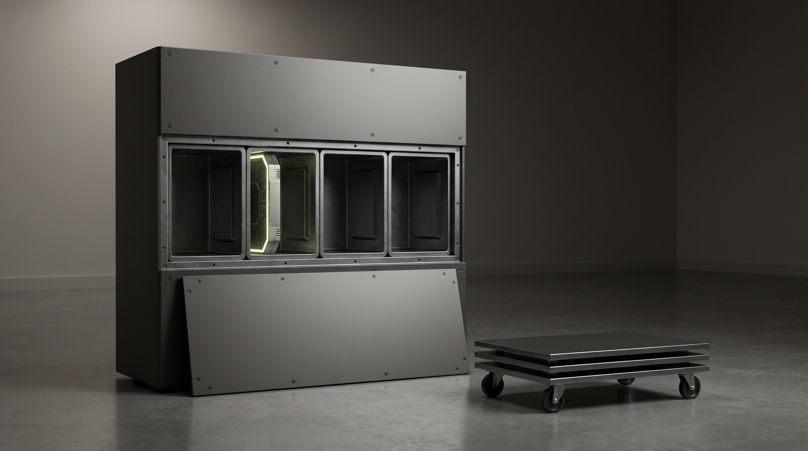 An unbranded arcade-style cabinet with its front panel removed, revealing graphite component bays and one lit chartreuse circuit module, beside a cart holding spare panels on a plain convention-floor surface.
