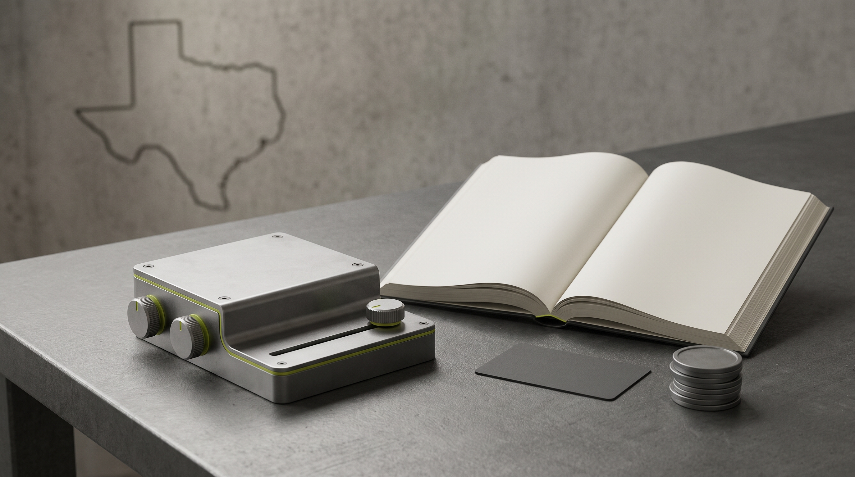 Texas machine tax permits: conceptual still life of coins, unmarked metal components and a blank book.