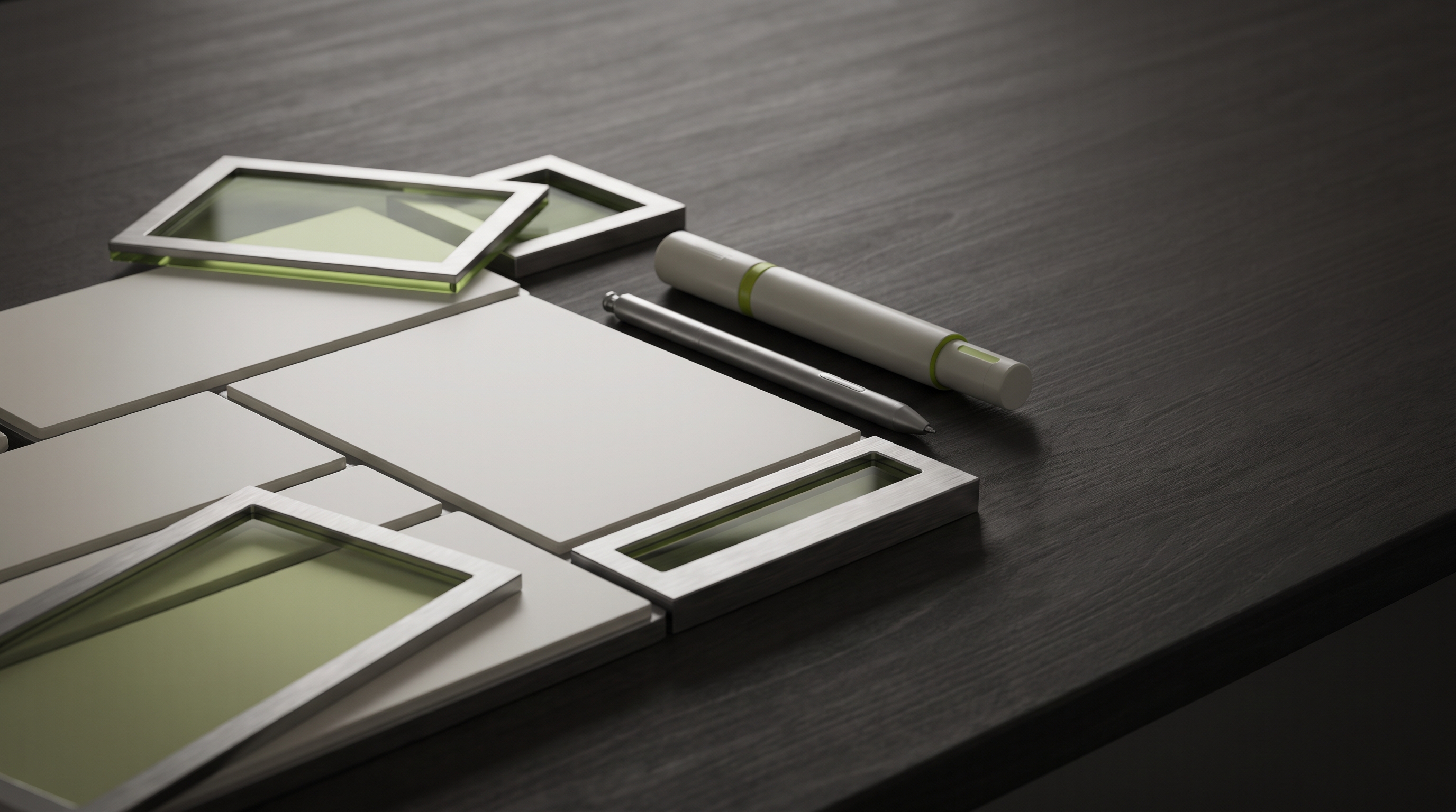 Texas skill gaming: conceptual still life of blank panels, translucent frames and pens representing source review.
