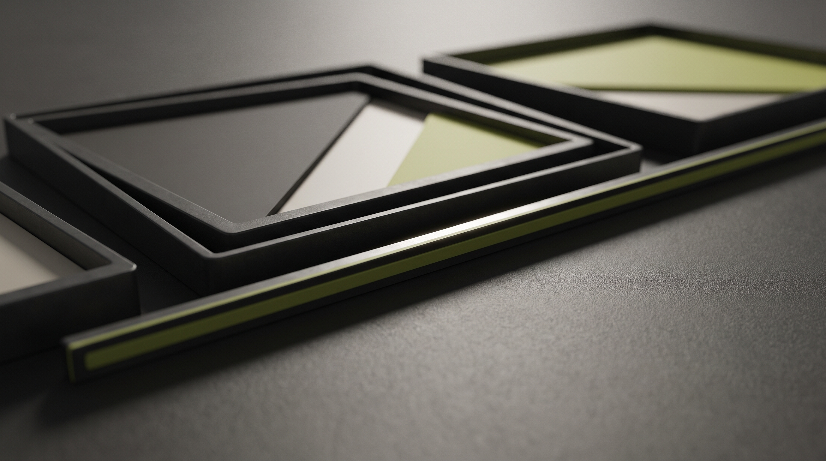 Three nested graphite-metal frames of different sizes sit slightly out of alignment on an off-white surface, each holding a flat insert in graphite, off-white or muted lime, with a slim lime-edged bar lying across the base marking an exact halfway line, lit by soft raking light from the upper left.