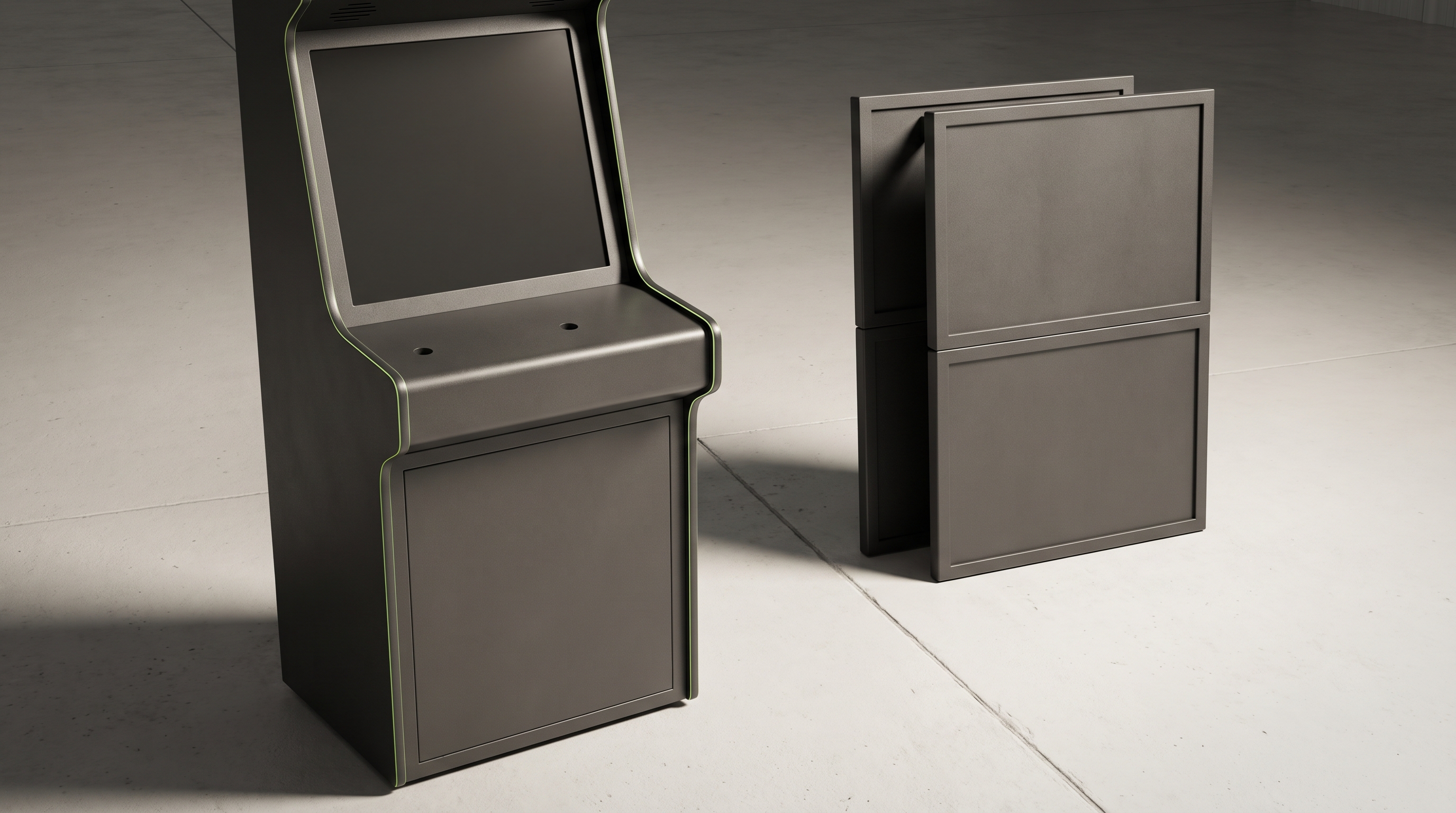 A tall blank-screened cabinet shell and a shorter stacked dual-panel cabinet shell stand apart on a bare graphite floor under a single raking light.