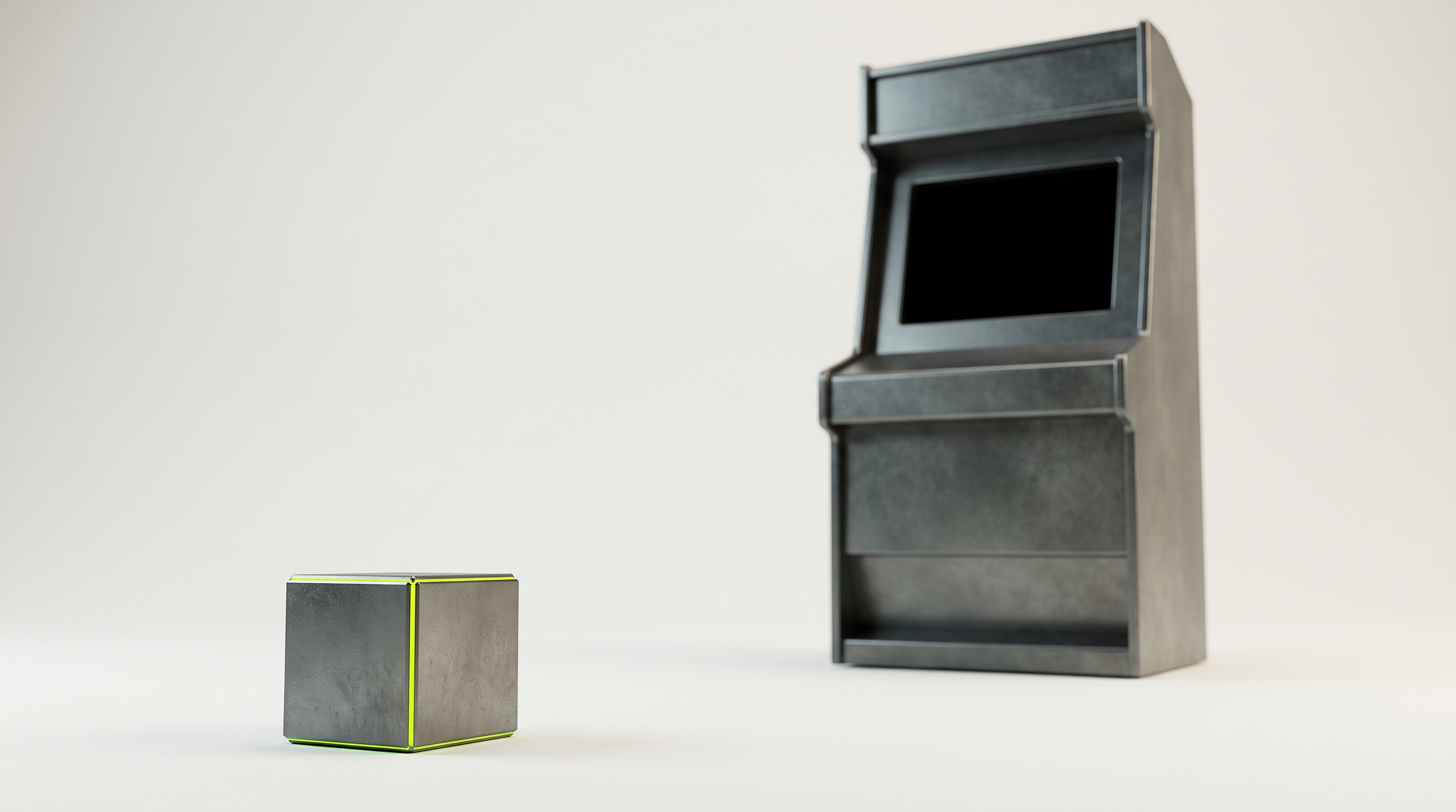 A small graphite metal cube in sharp focus beside a much larger blurred graphite cabinet with a blank screen, a thin chartreuse line tracing only the cube's edges on an off-white surface.