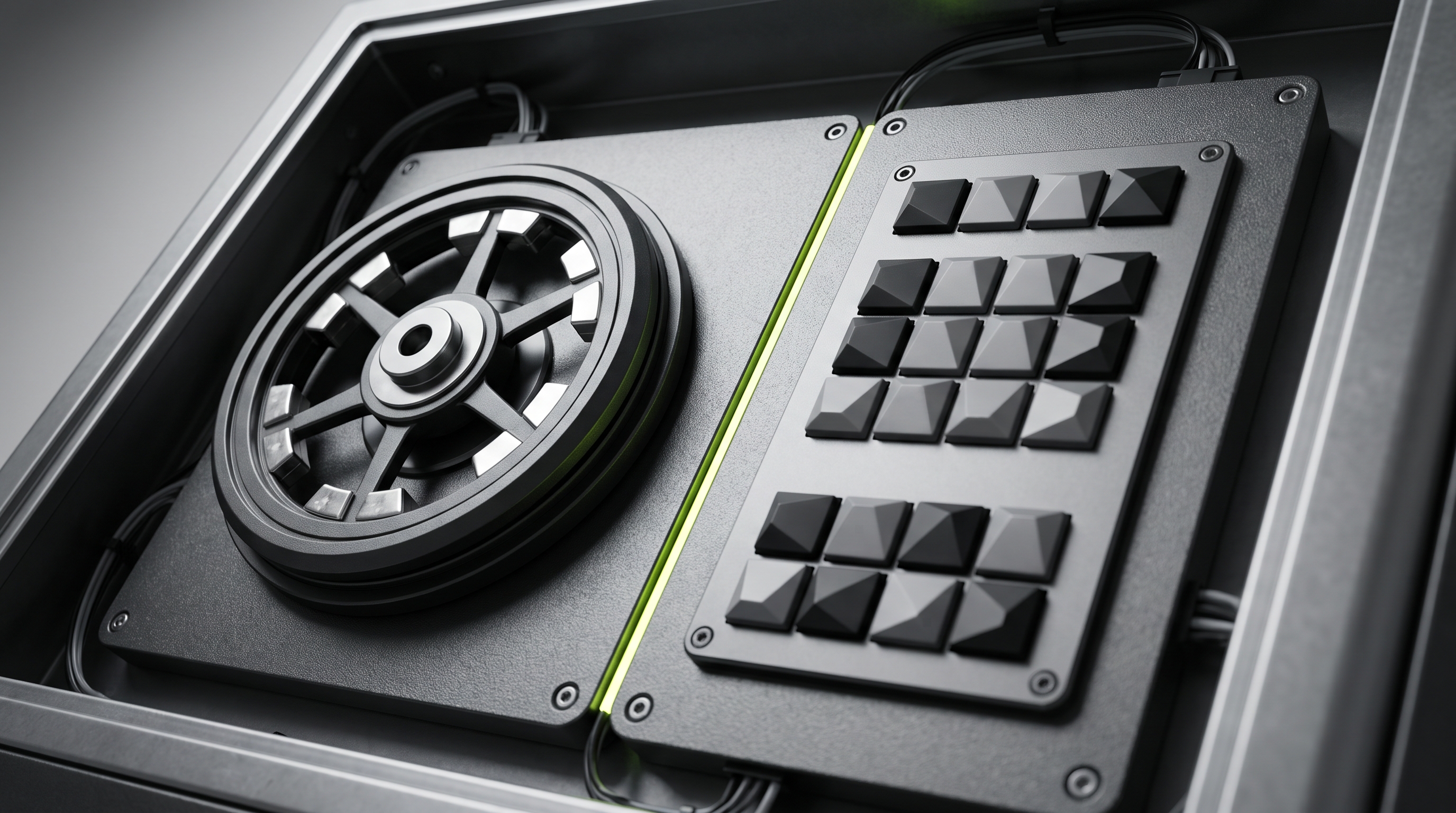 Conceptual illustration: Close view into an open cabinet interior showing a rounded mechanical wheel beside a squared button matrix, divided by a thin lime-colored light seam on a graphite panel.