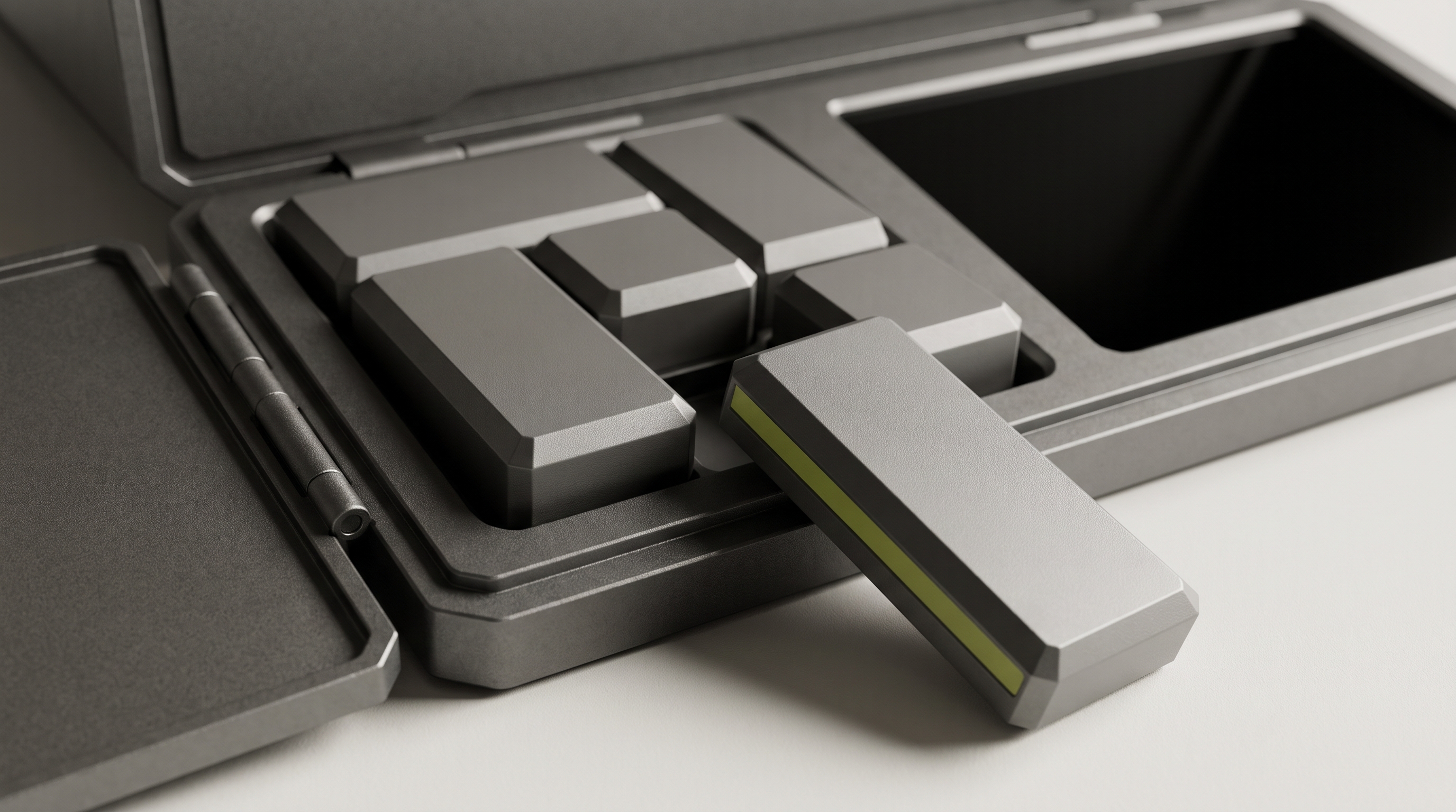 An open graphite-colored machine panel reveals interlocking geometric blocks inside, with one lime-accented block set apart from the others beside a blank screen.