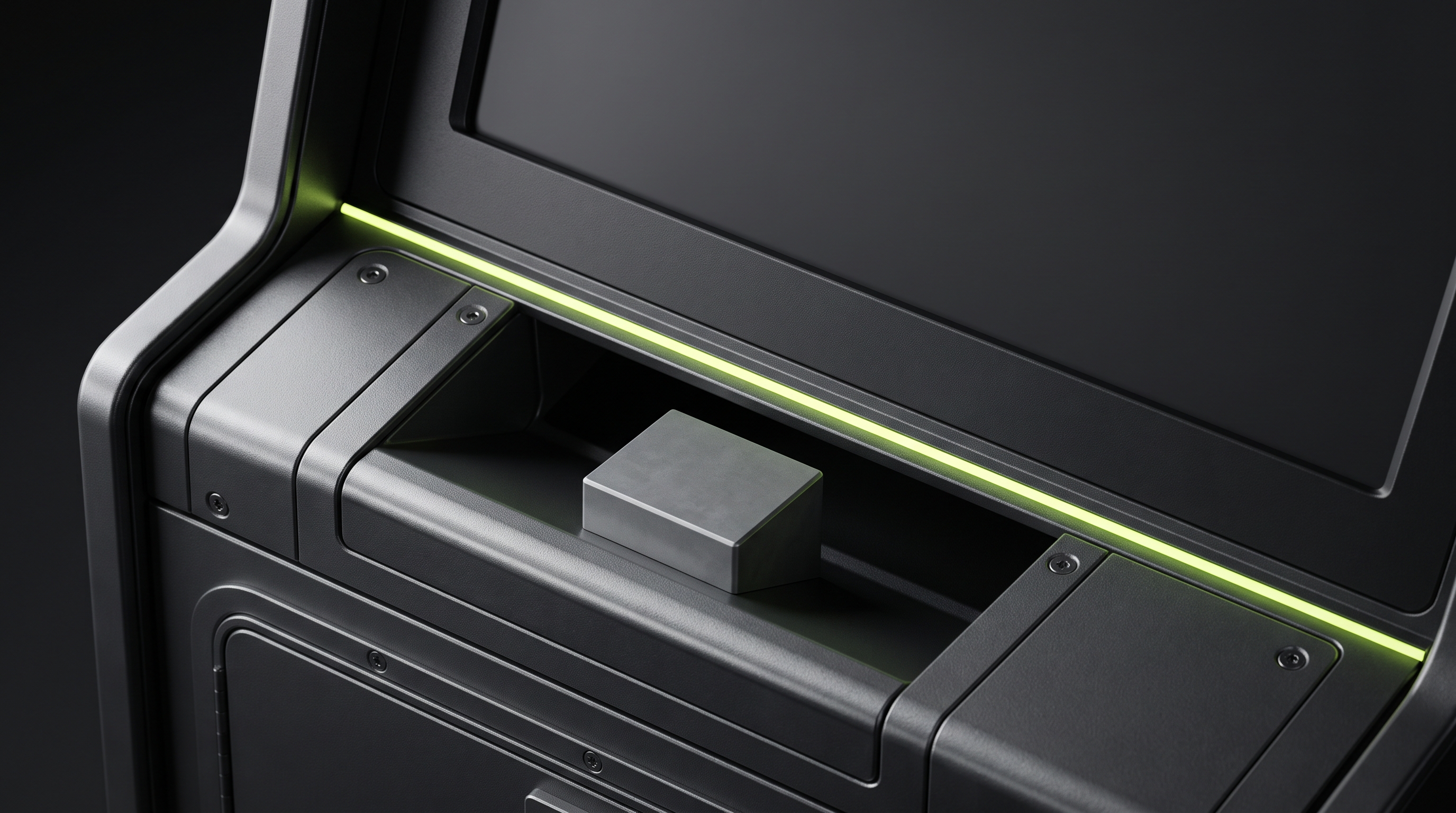 Close view of a graphite skill-machine cabinet corner showing a blank dark screen above a metal payout chute holding a single solid metal block, with a thin lime-green seam of light separating the chute from the cabinet body.