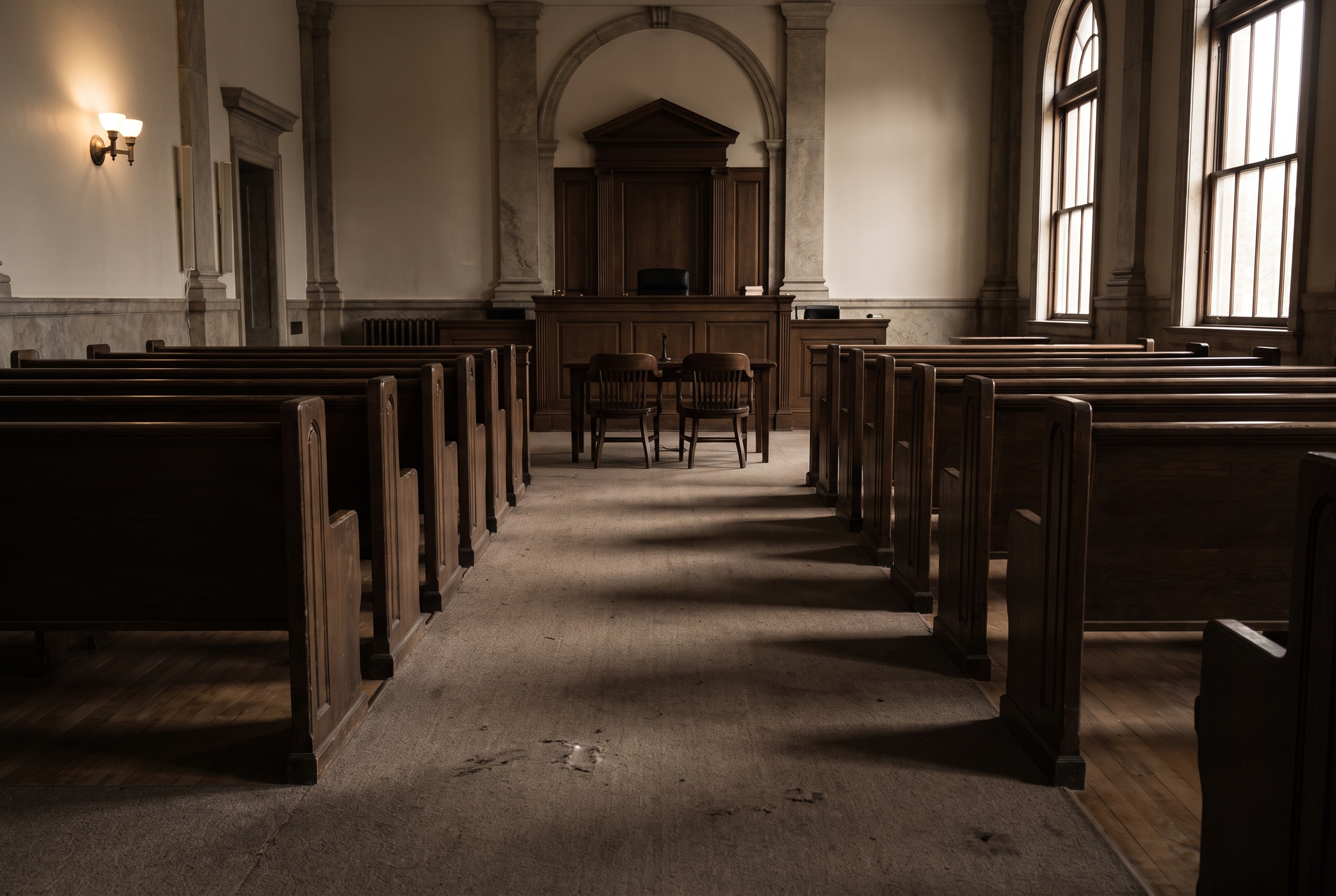 A low-angle view of an empty courtroom with rows of dark wooden benches leading toward a raised judge's bench and a small counsel table.