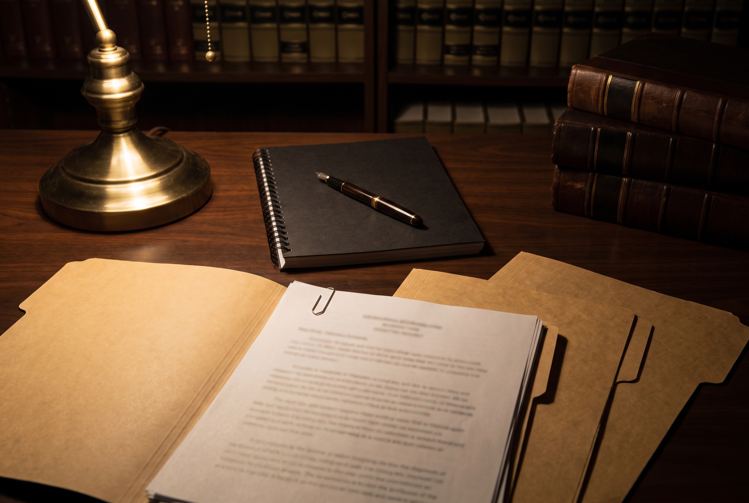 Manila folders and blurred report pages fan across a dark wood desk beside a fountain pen and a brass lamp, with law books softly out of focus behind.