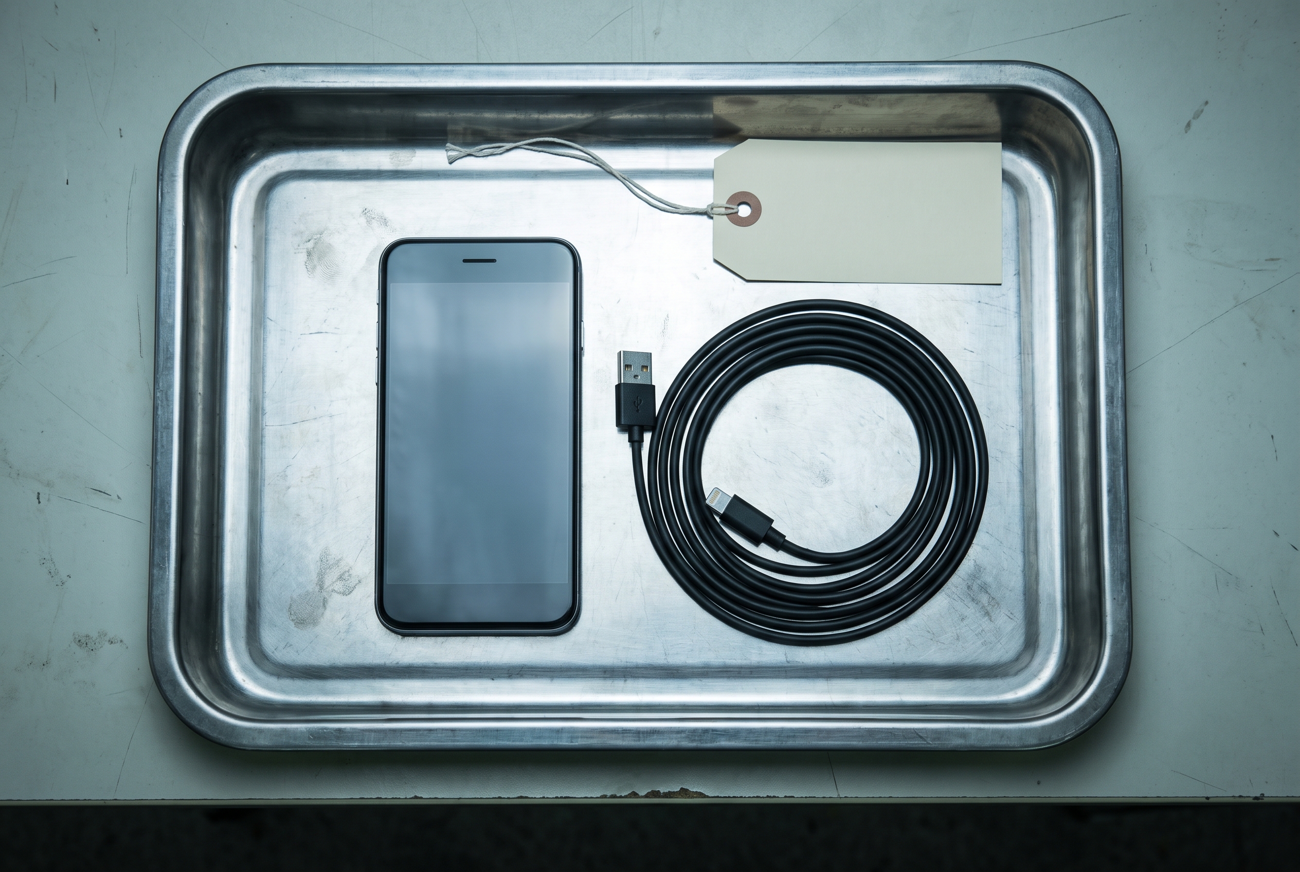 A smartphone and a coiled data-extraction cable rest on a stainless steel tray under fluorescent light beside a blank paper tag.