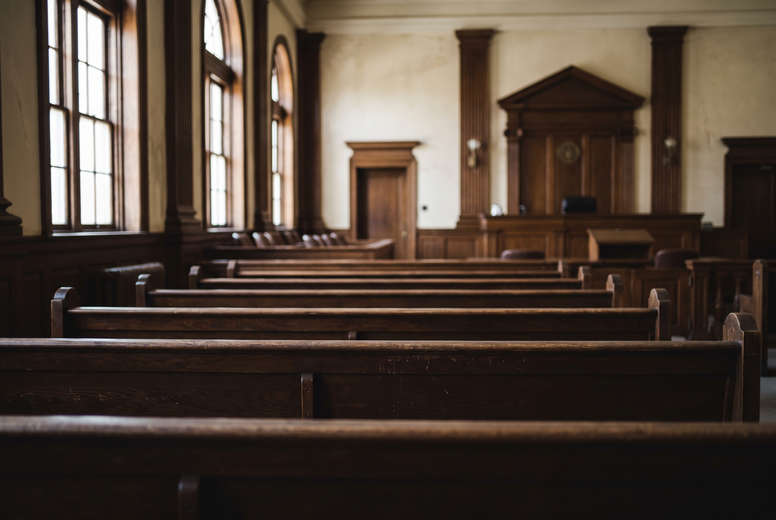 An empty wood-paneled courtroom viewed from a low angle down the center aisle toward the empty jury box.