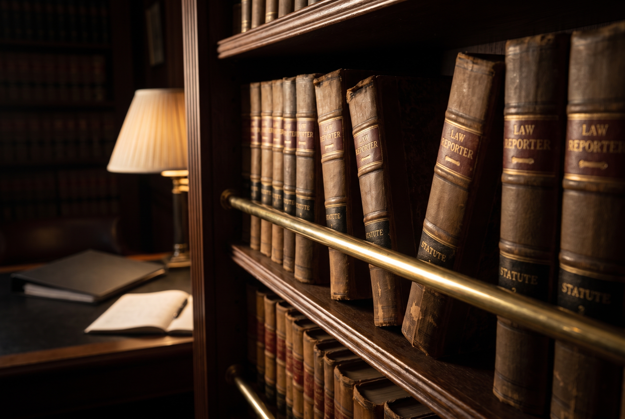 A close, shallow-focus view of leather law reporter spines on a shelf, a few volumes pulled forward at an angle under warm raking light.