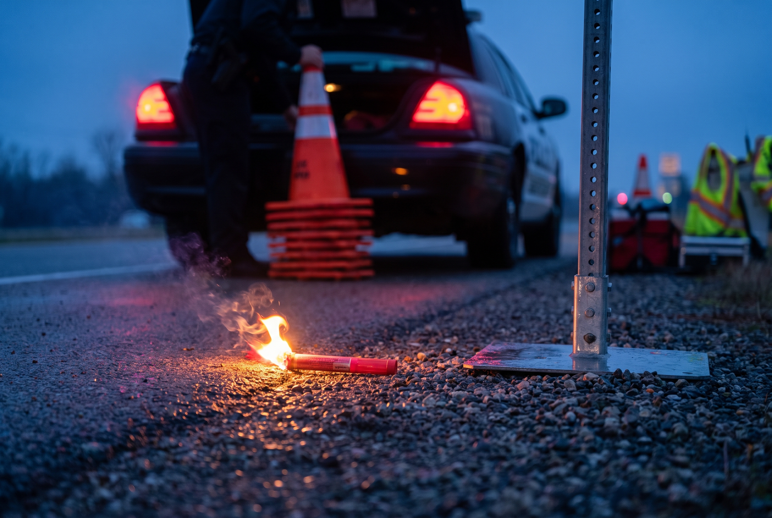 A roadside at dawn with traffic cones being loaded into a patrol vehicle's trunk and a road flare burning low in the foreground.