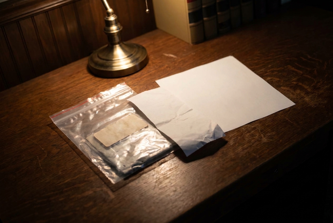 A sealed evidence bag, a folded receipt, and a one-page certificate sit stacked on a dark wood desk under lamp light.