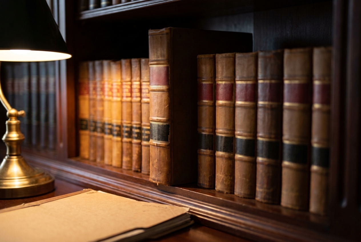A row of leather statute volumes of uneven height on a dark wood shelf, their gold lettering catching raking light while the text itself stays illegible and out of focus.
