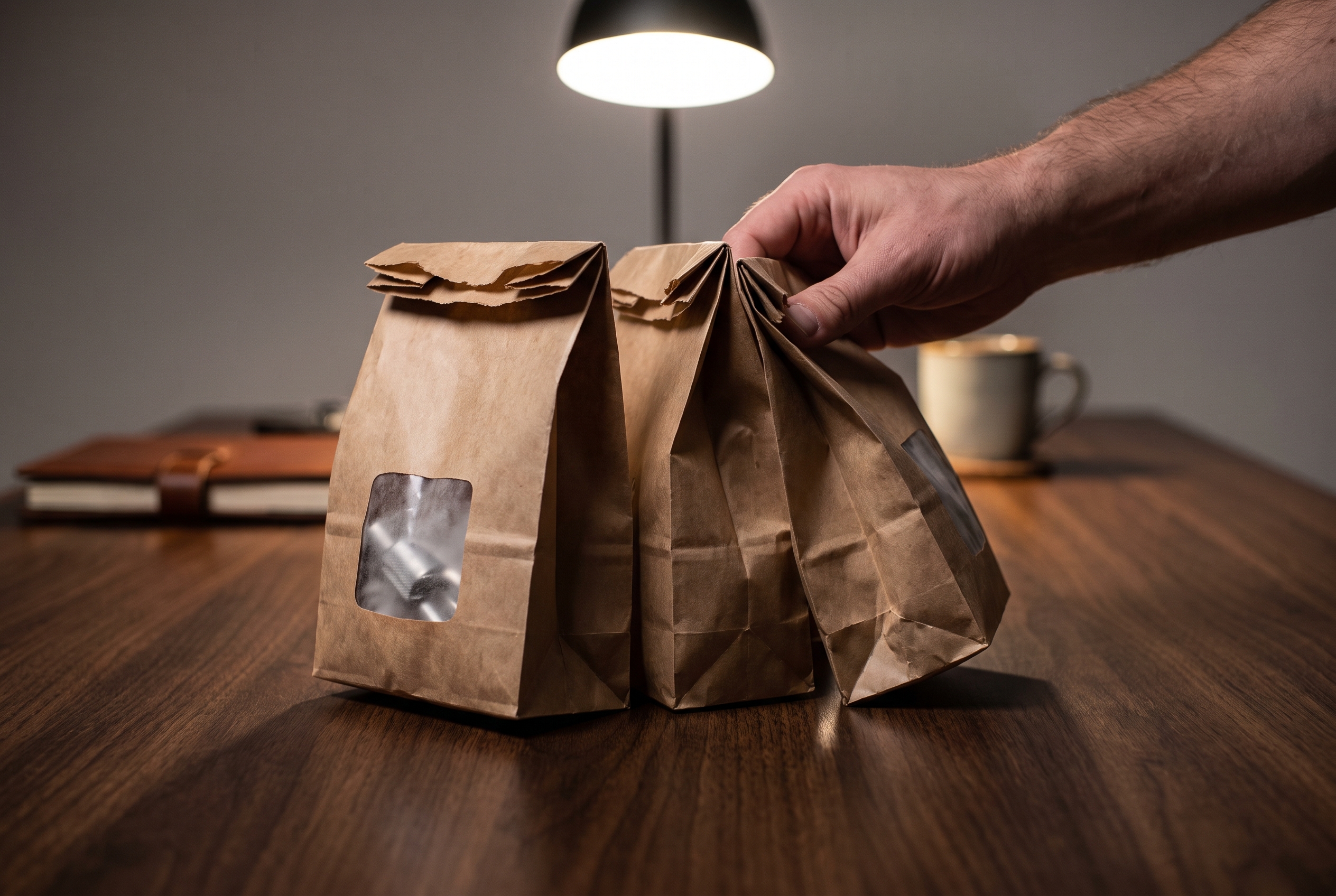 A hand pushes three sealed evidence bags closer together on a dark wood table, their shadows beginning to overlap under a single overhead light.