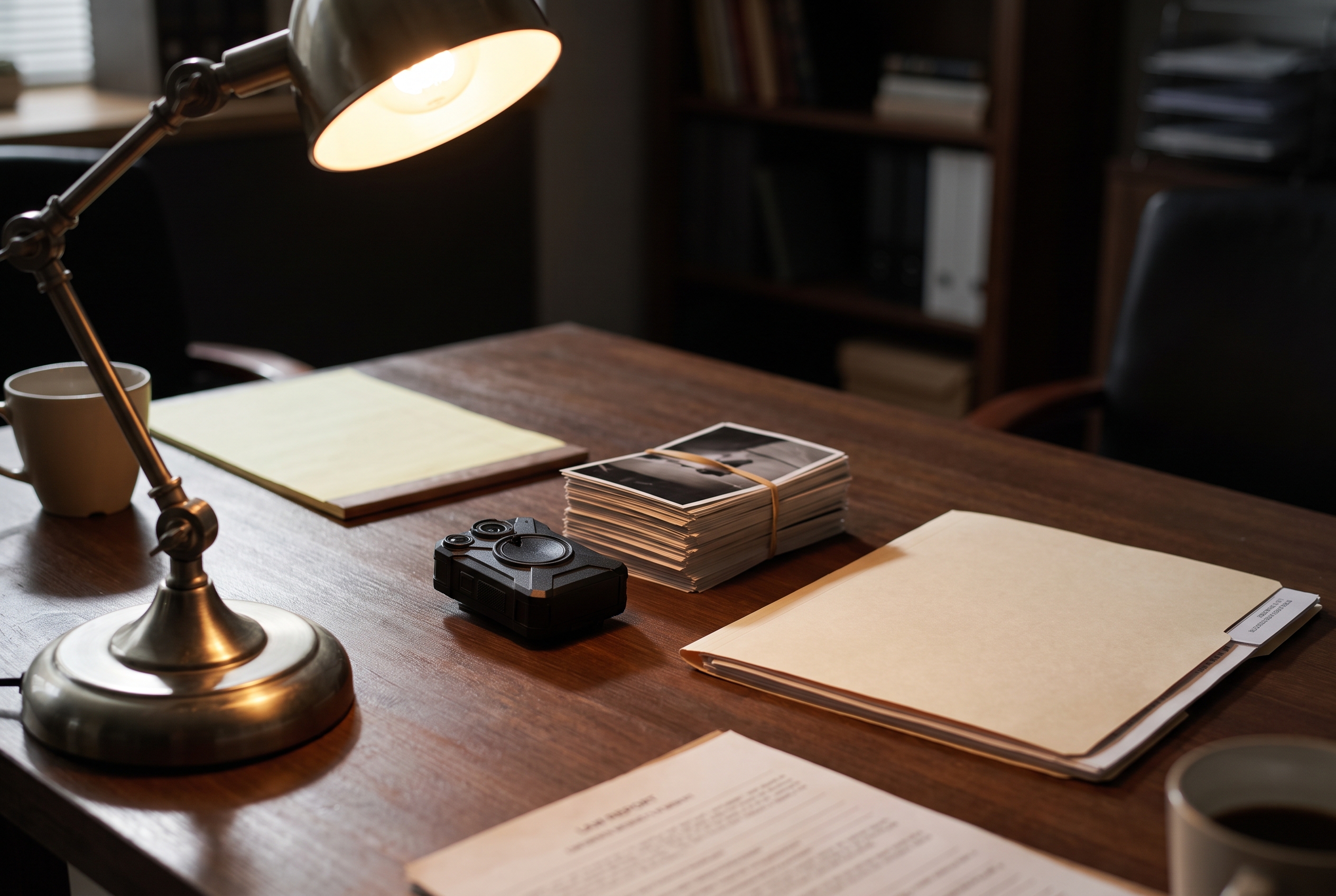 A body-worn camera device, a stack of photographs, and a closed folder of reports sit under warm desk lamp light on a dark wood table.