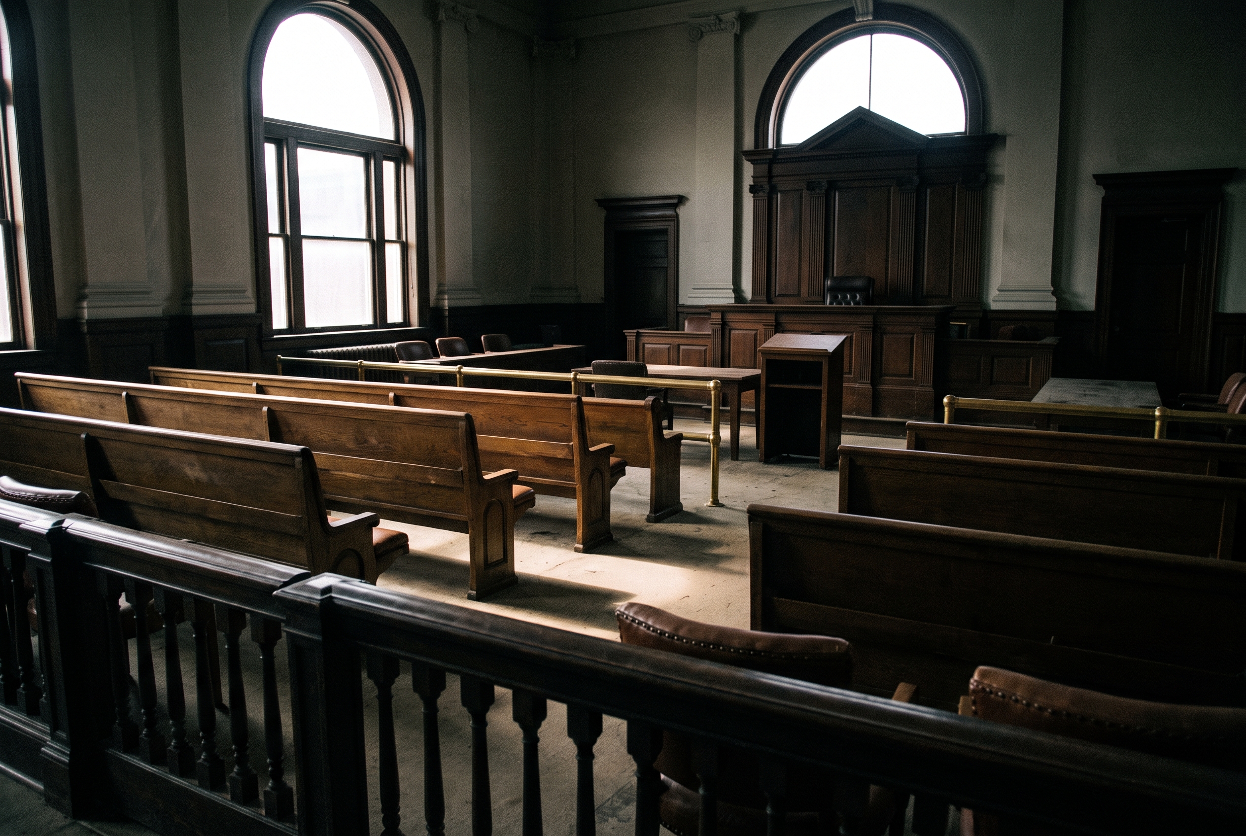 An empty courtroom viewed from a low angle shows wooden benches receding toward a raised judge's bench under soft window light.