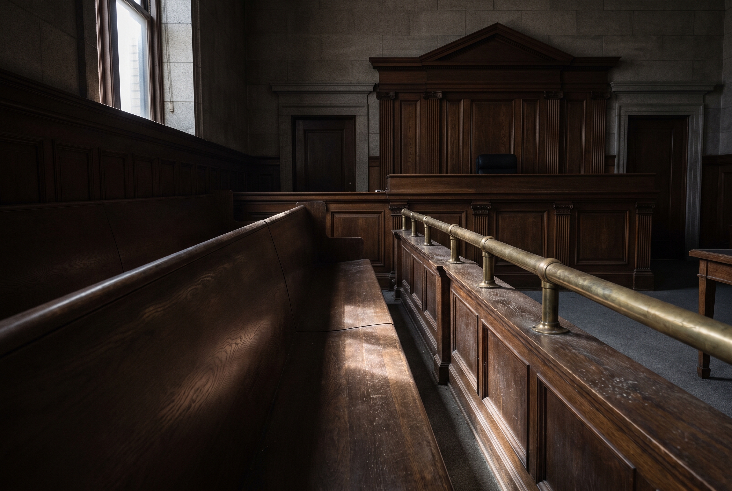 An empty wood-paneled courtroom viewed from a low angle, with benches receding toward a raised, unoccupied judge's bench.