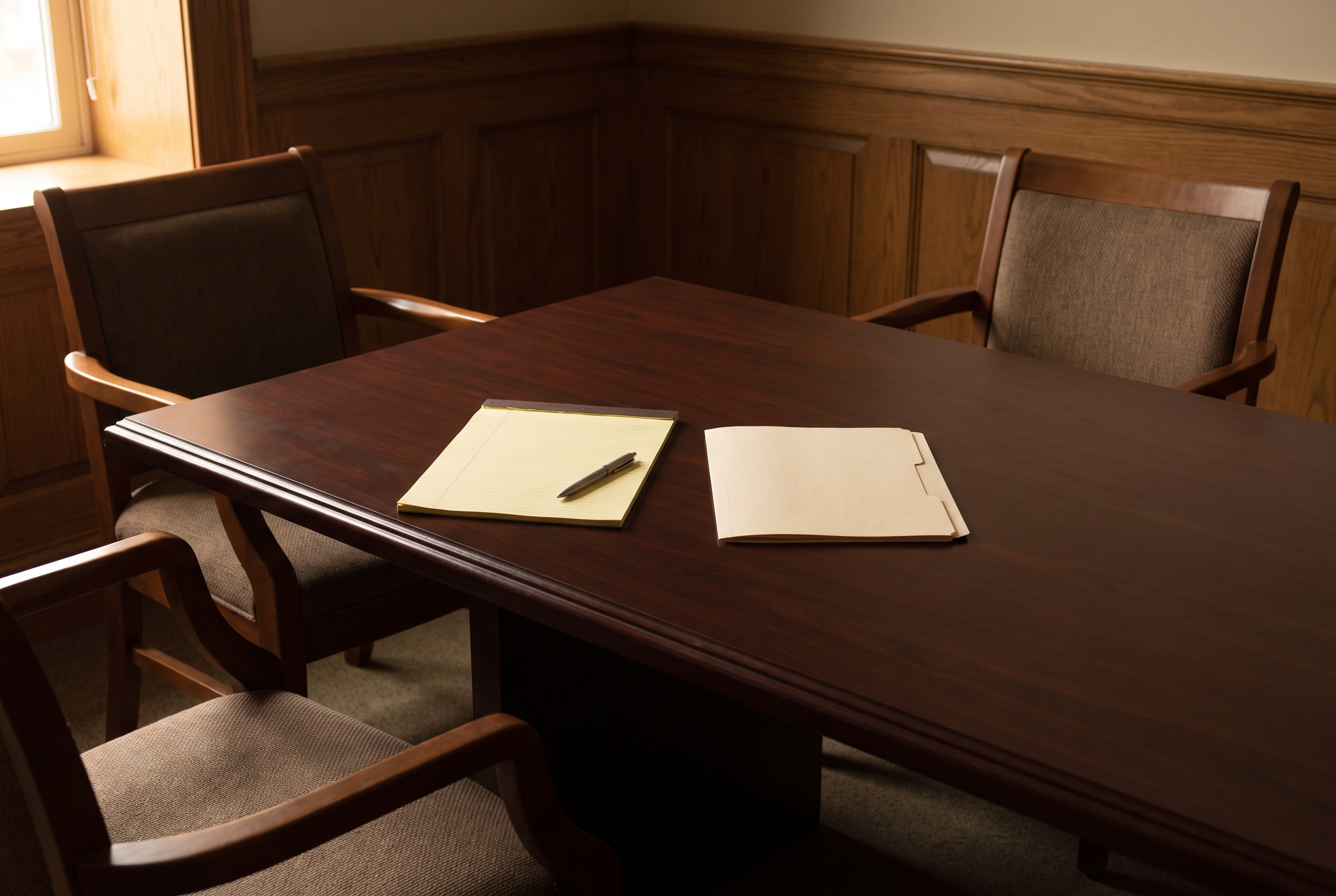 A legal pad, pen, and closed folder on a dark wood table between two empty chairs in a consultation room.