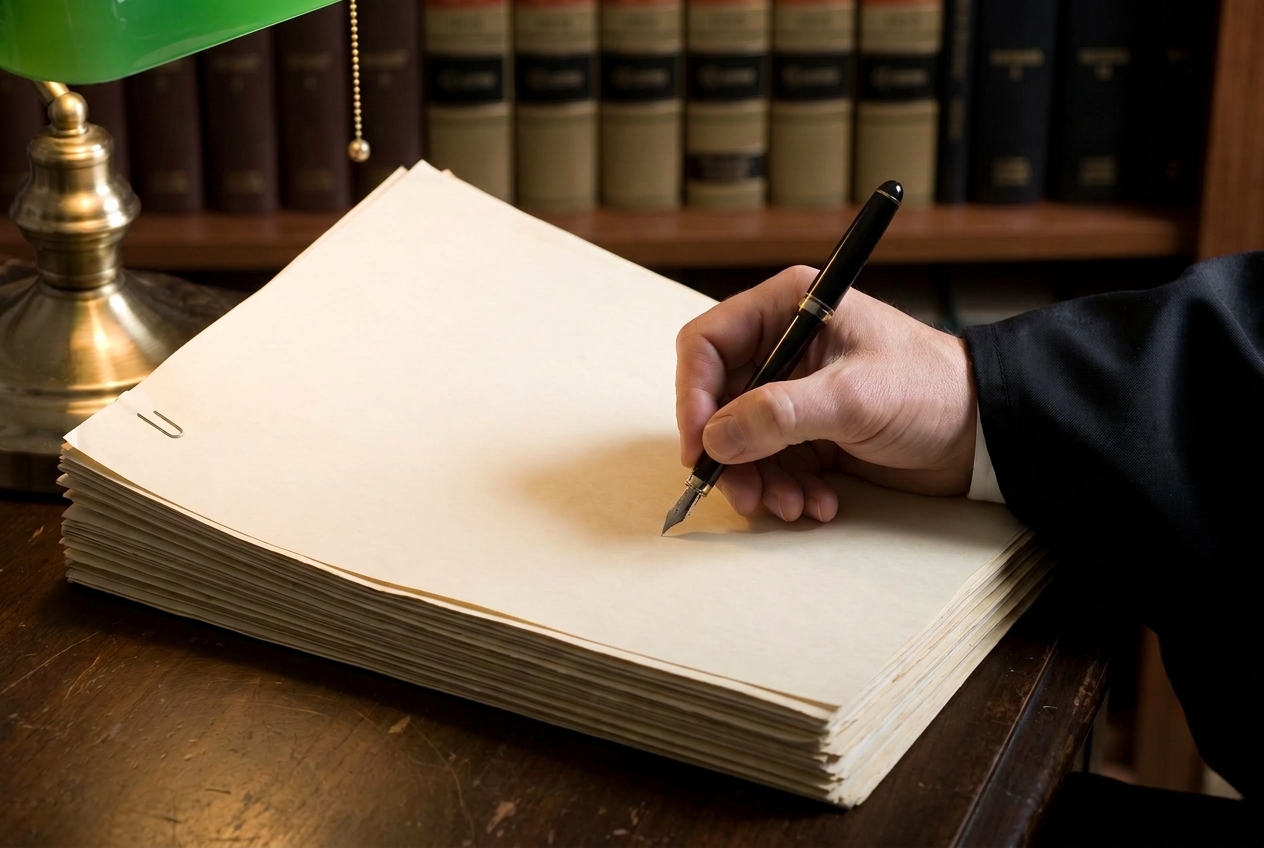 A hand in a dark robe sleeve begins signing the last page of a stapled legal packet with a fountain pen under warm lamplight, with blurred law books behind.