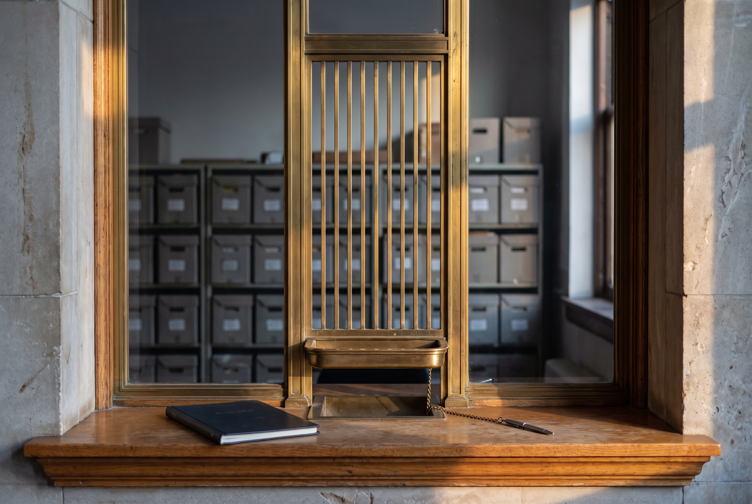 An empty courthouse clerk's counter with a brass-grilled window, a closed ledger and a pen on a short chain, with file boxes blurred behind the glass in warm afternoon light.