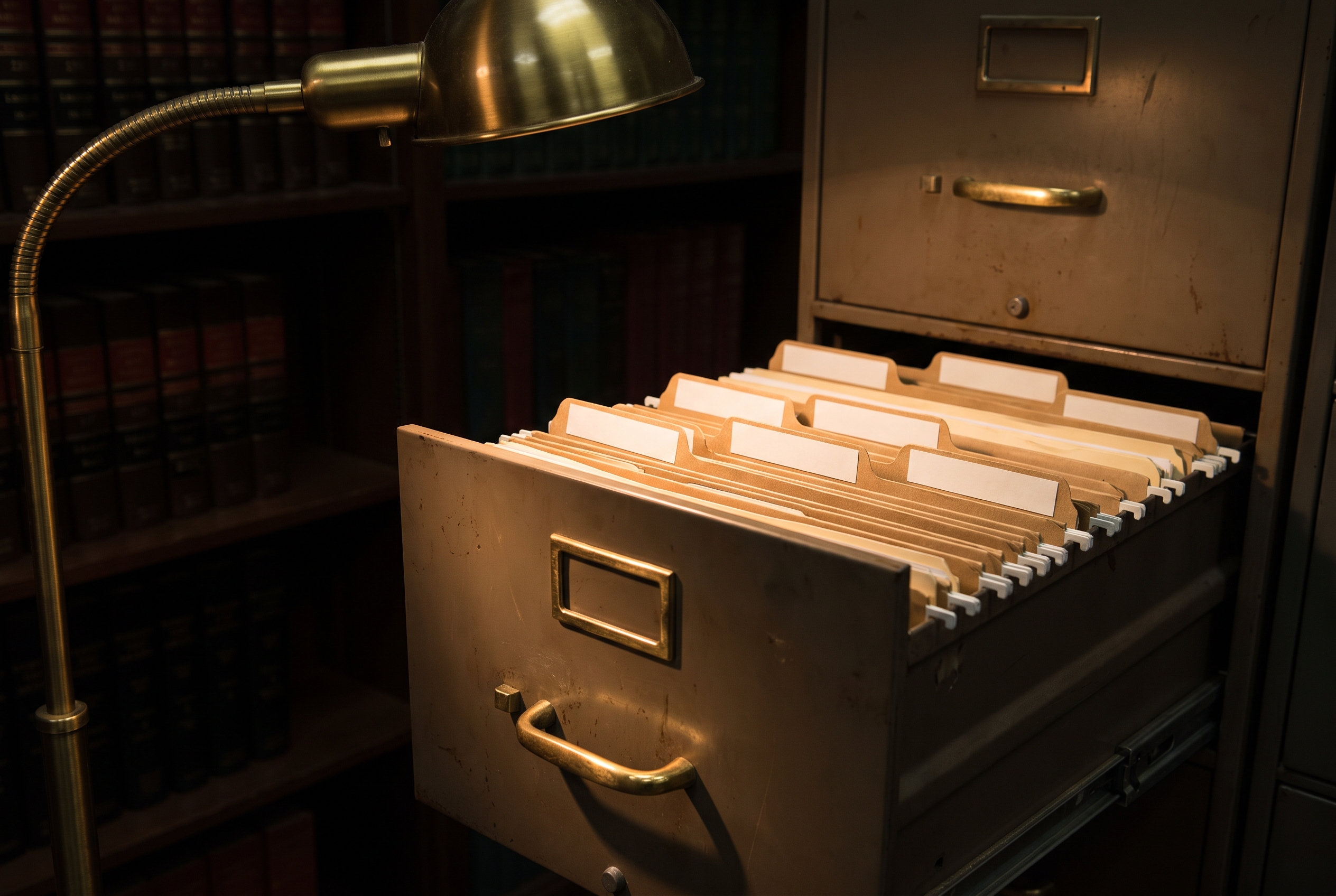 A half-open metal file drawer holding rows of blank manila folders, one pulled slightly forward, lit by a single lamp in an otherwise dim records room.