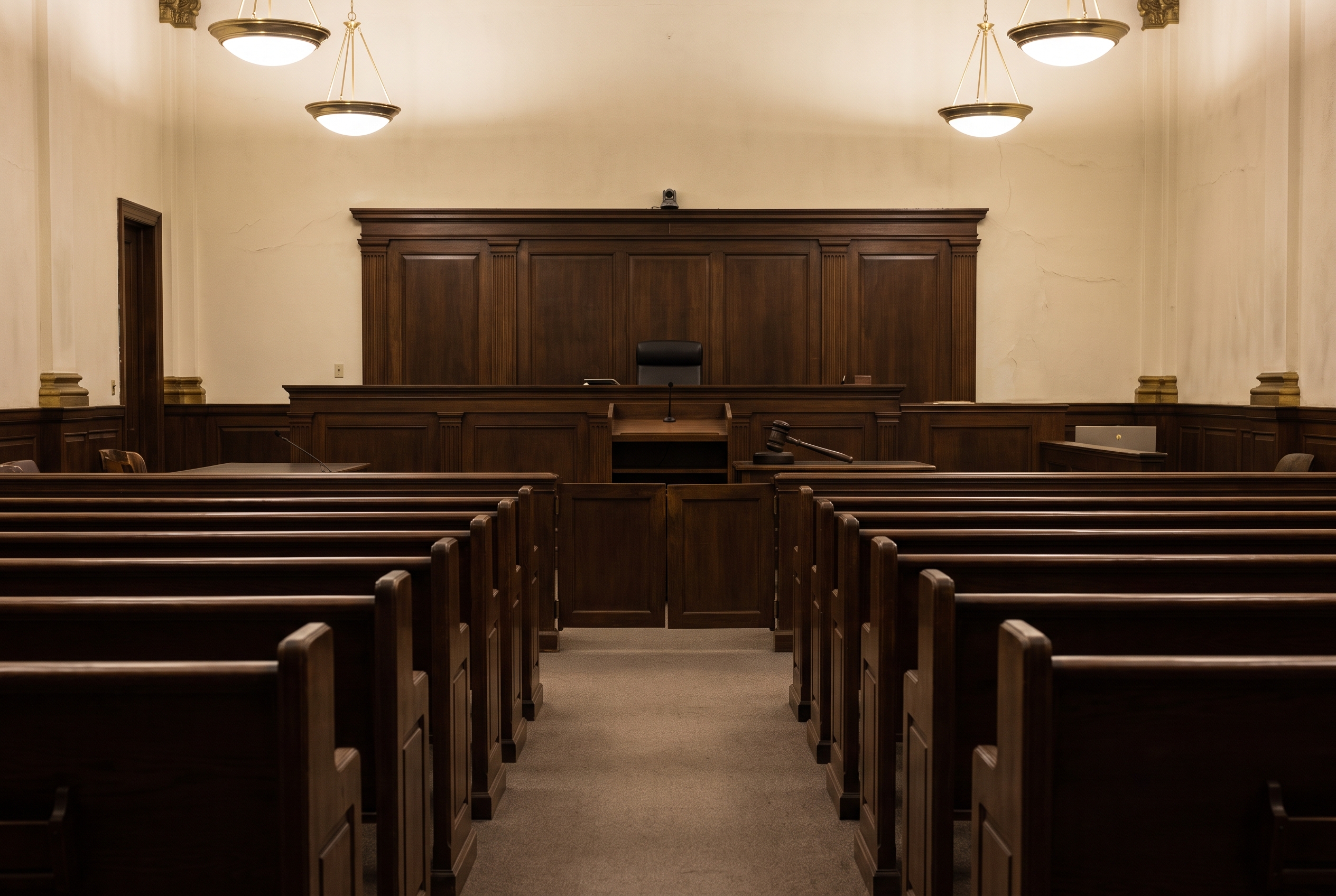 An empty wood-paneled courtroom viewed from the back benches, looking toward a raised, unoccupied judge's bench with a closed gavel resting on it.