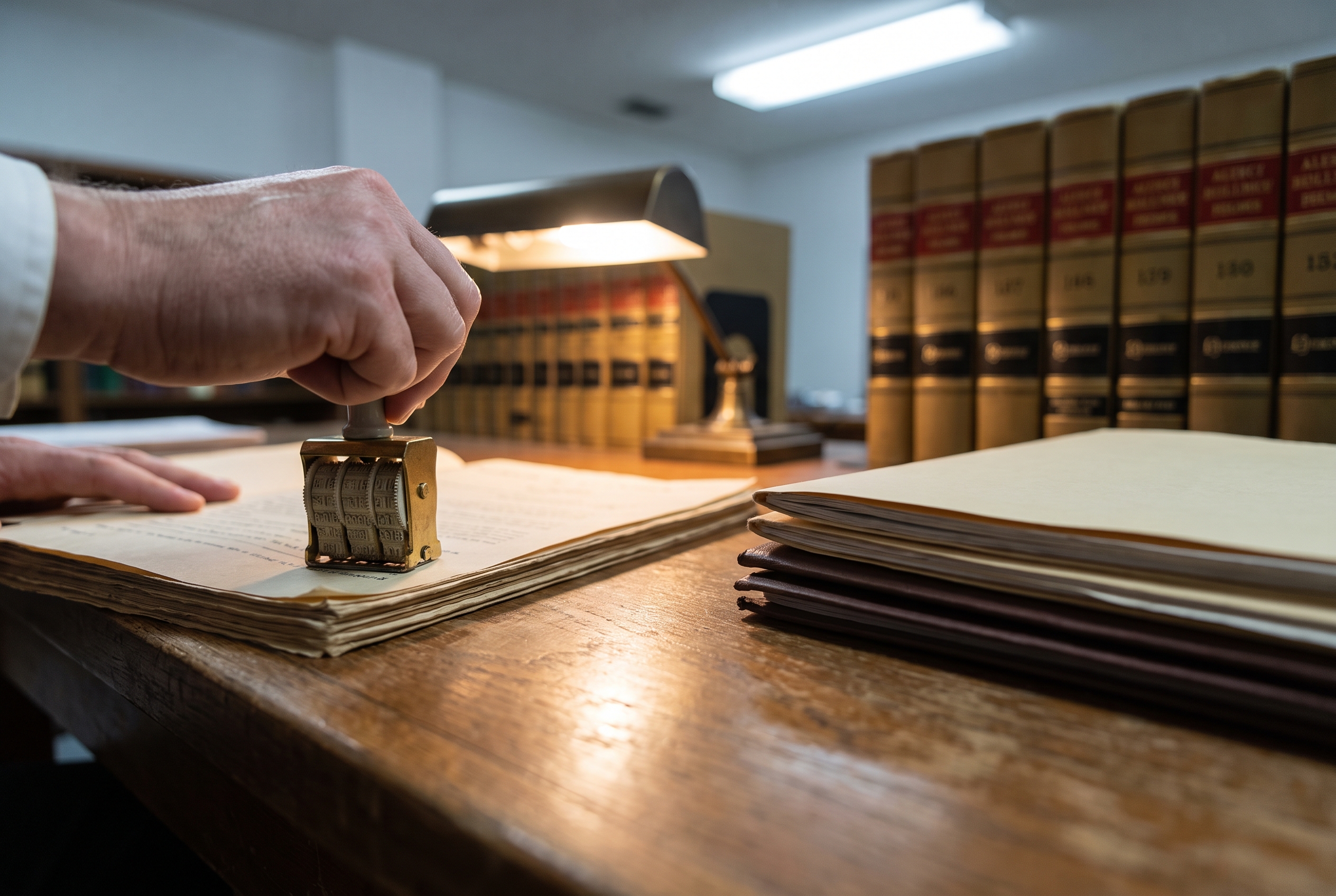 A hand presses a date stamp onto the corner of a legal document at a courthouse filing counter, folders waiting nearby.