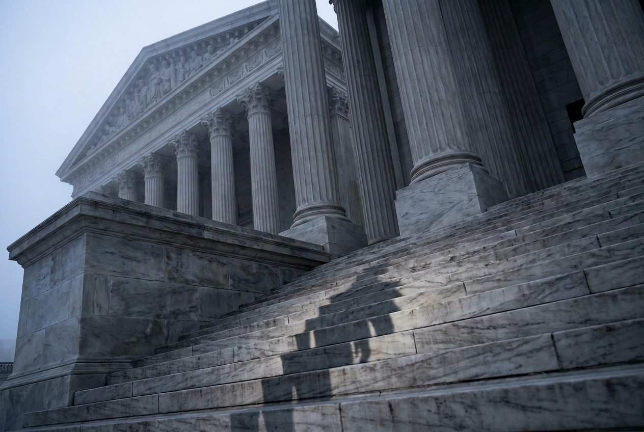Stone columns and steps of a courthouse facade seen from a low angle at dawn, a single shadow crossing the stairs.