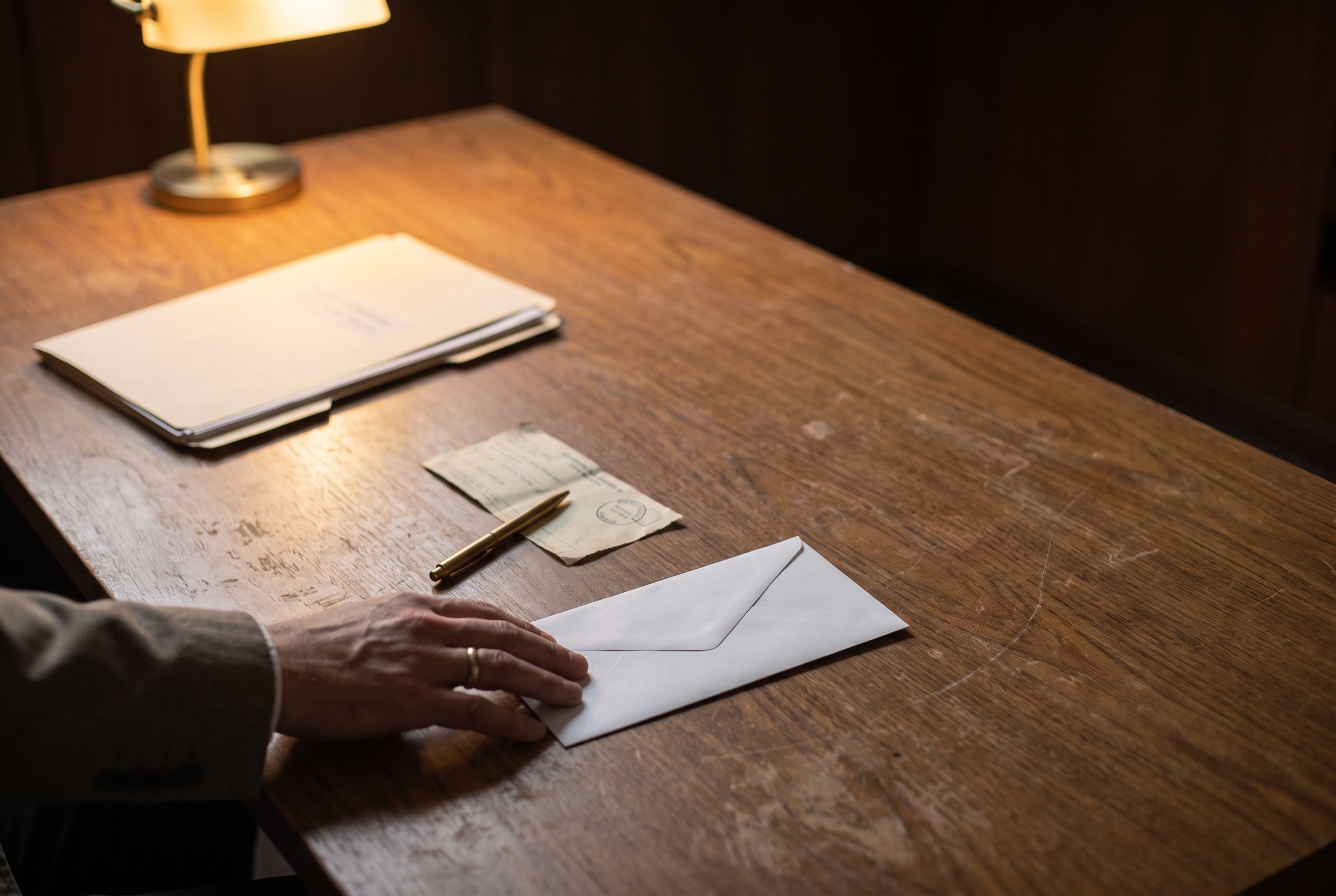 A hand slides a sealed envelope across a dark wooden table beside a postmarked certified-mail receipt stub, a brass pen and a half-open folder.