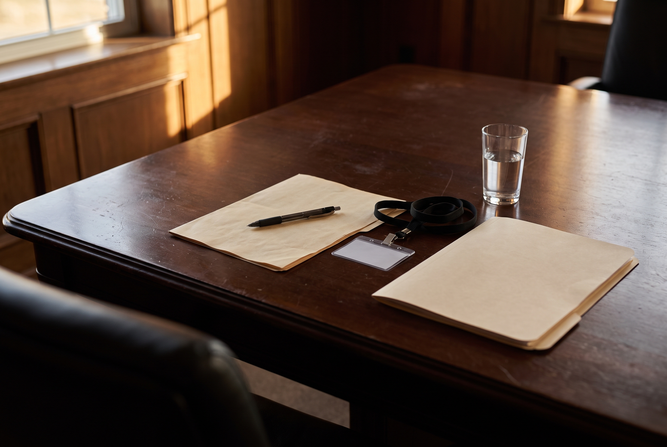 A closed pen rests on a folded document beside a coiled employee lanyard on a dark wood conference table.