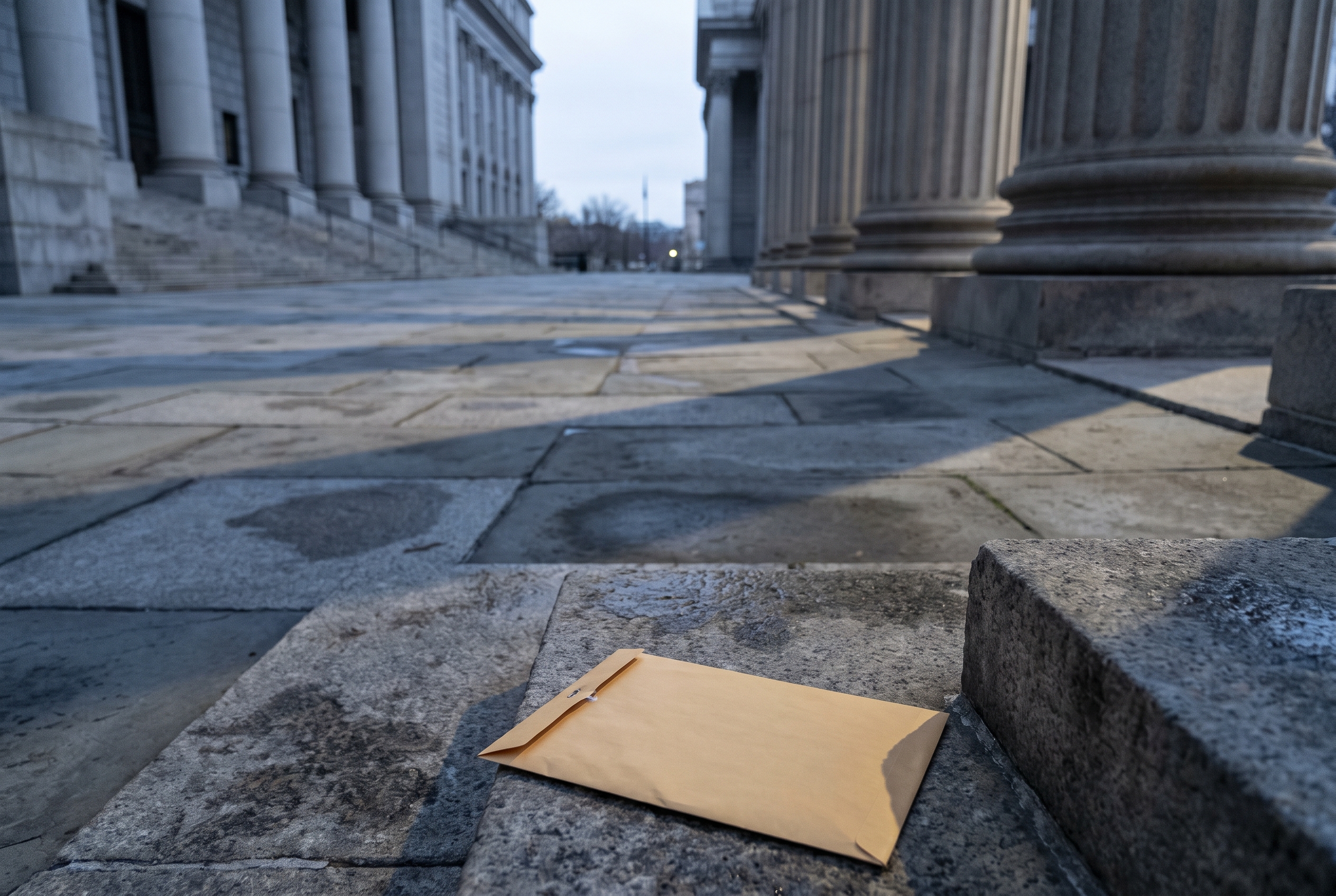 A sealed envelope sits alone on the bottom step of an empty courthouse staircase at dawn, long shadows stretching across the stone.