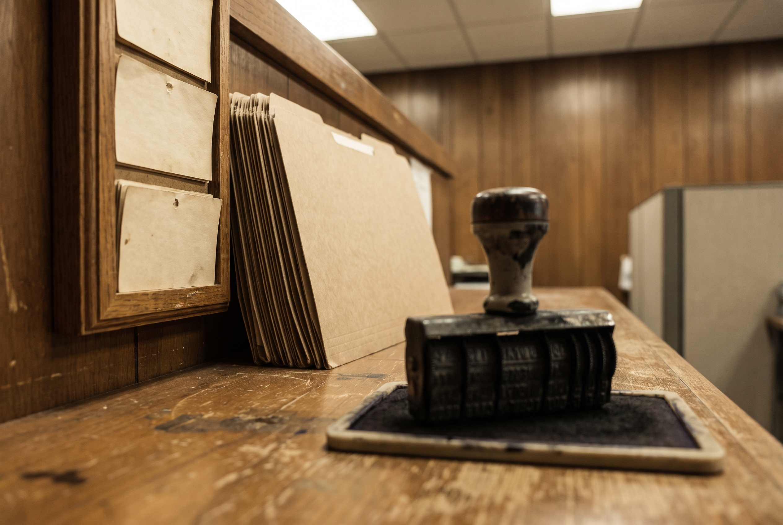 A wooden date holder, a stack of blank case folders and a rubber date stamp on an inkpad at a courthouse clerk's counter.
