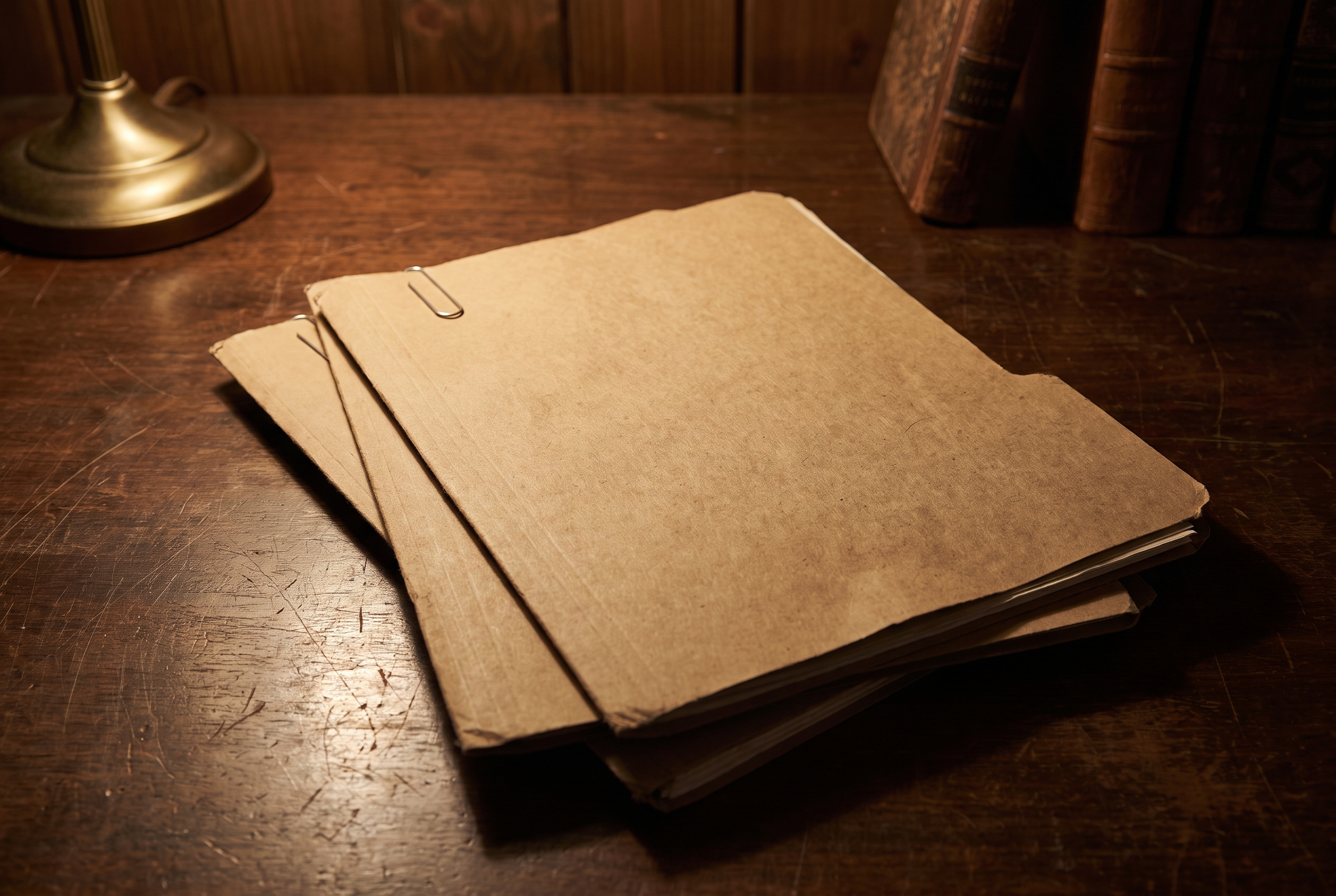 Two case folders stacked with offset edges and a glinting paperclip, lit by raking lamp light on a dark wood desk.