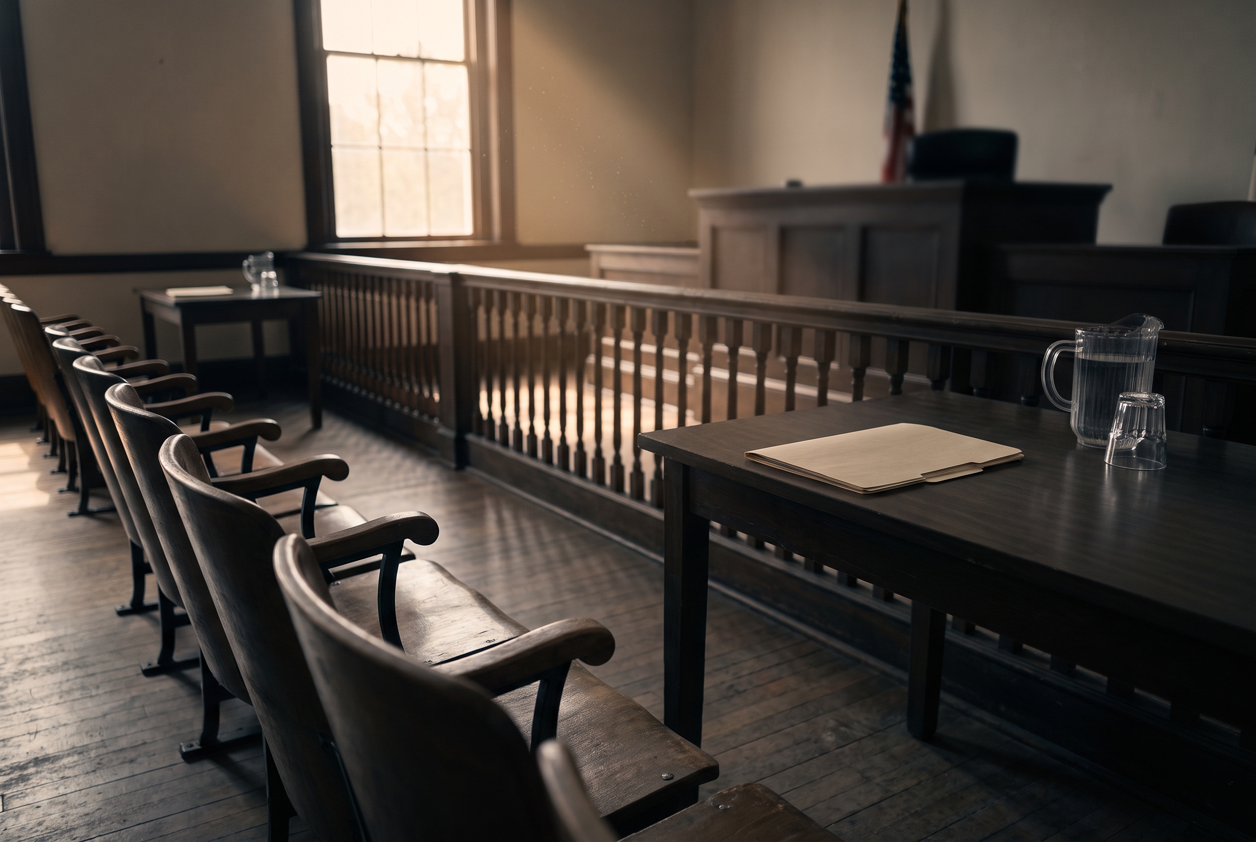 An empty courtroom seen from floor level, with rows of wooden benches leading to a lone closed folder on a table and a dim judge's bench beneath a tall window.