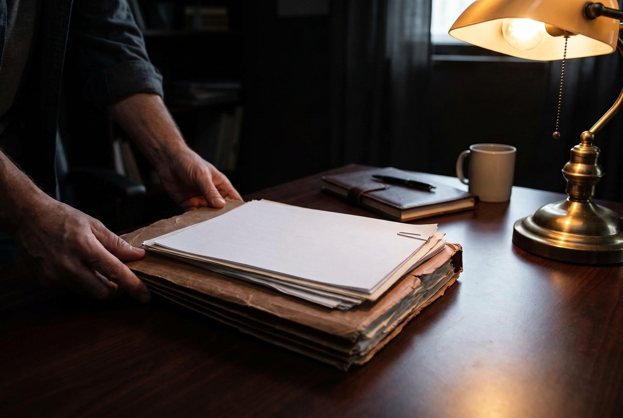 A parent's hands push a thick accordion file and a clipped stack of school records across a dark wooden table lit by a brass desk lamp, with a notebook and pen behind.