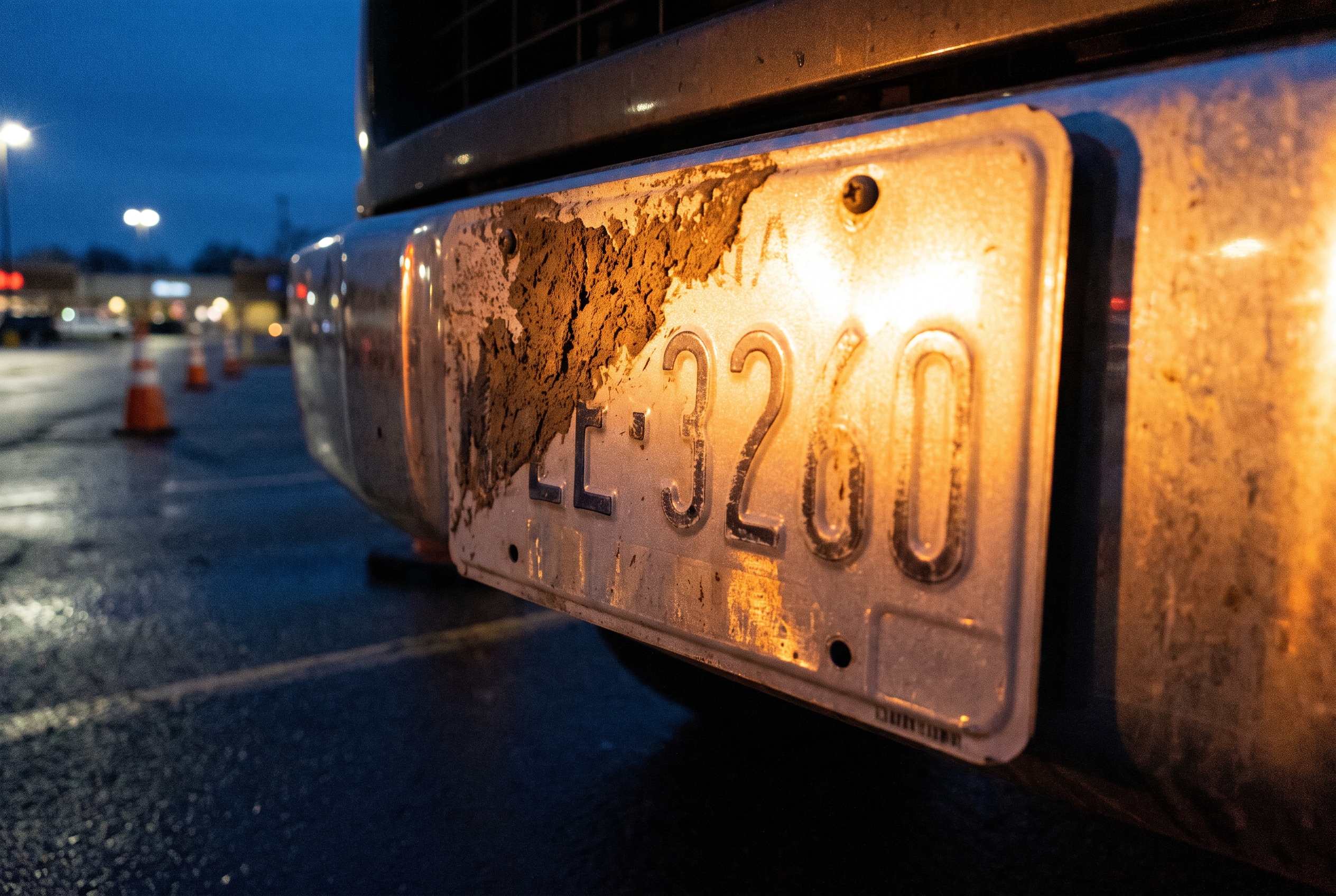 Extreme close-up of a mud-spattered rear license plate at dusk, its surface partly washed out by a low, raking streetlight glare.