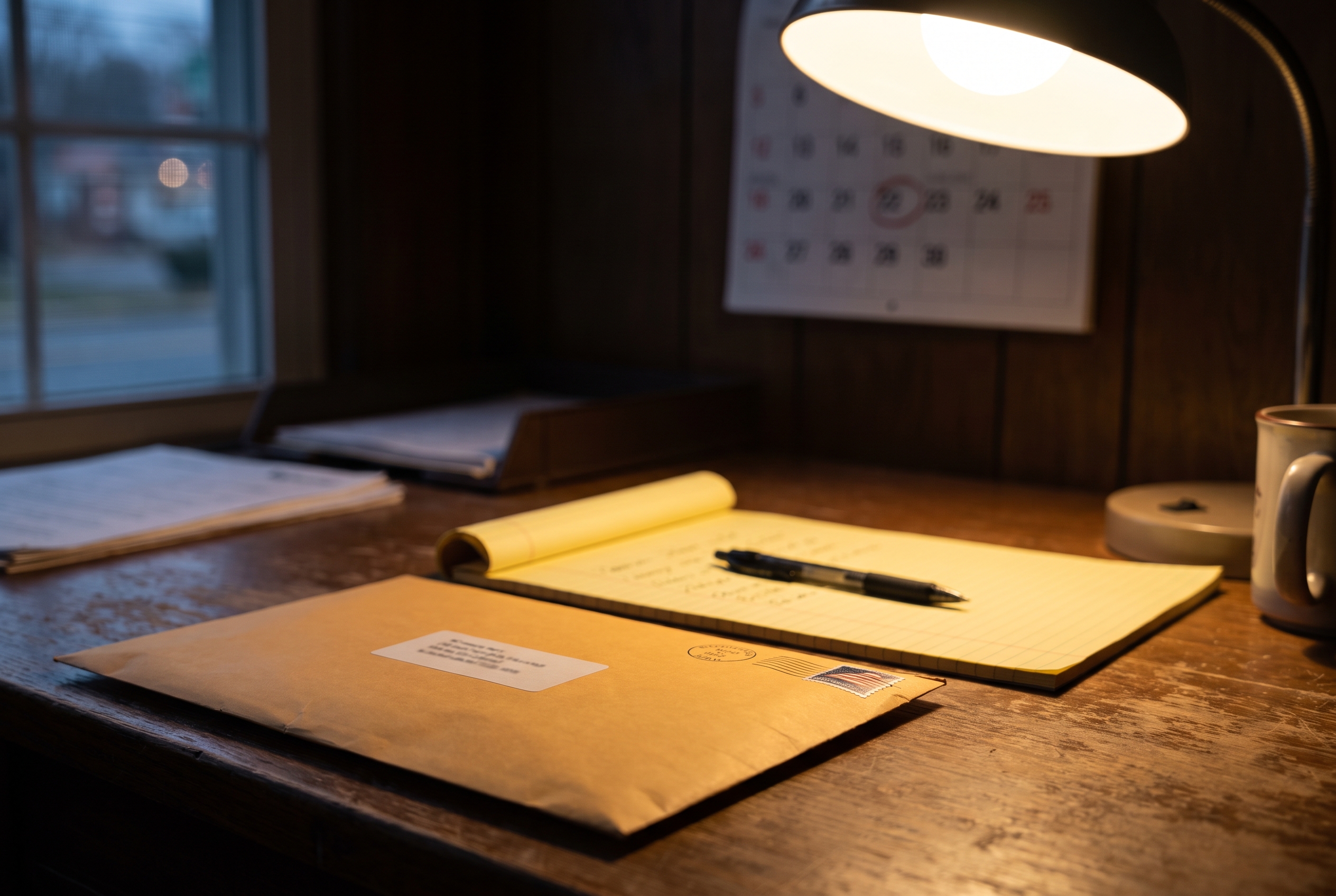 A stamped envelope glows under a desk lamp beside a legal pad and pen, with a blurred wall calendar in the background.