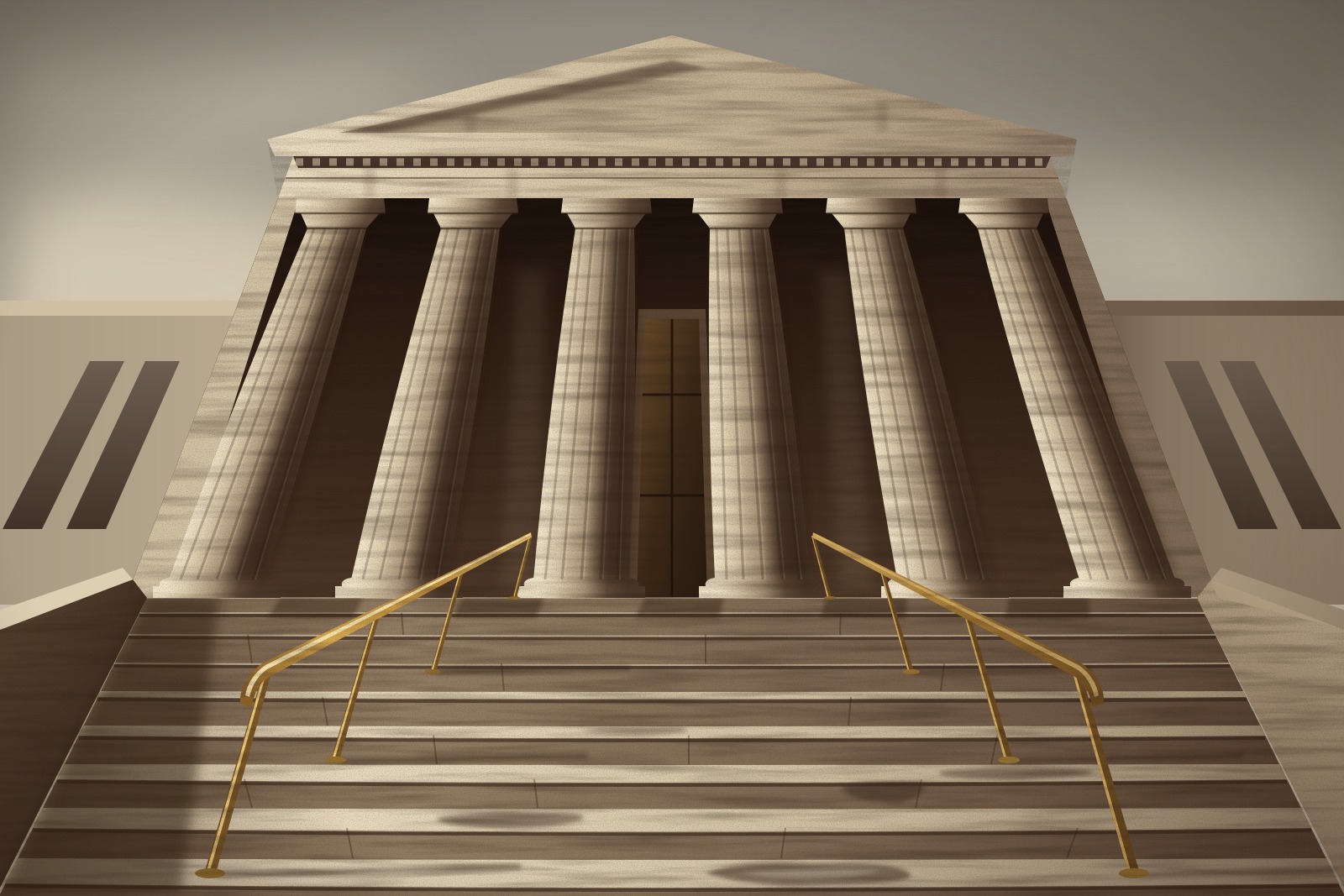 Low view up wide stone courthouse steps toward a row of tall columns and a plain pediment in warm late-afternoon light, with a brass handrail at the side.