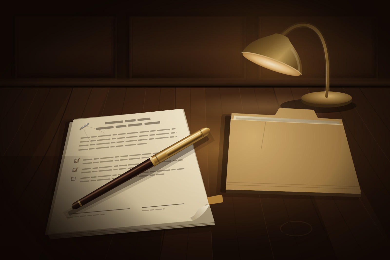 A stack of stapled papers with a brass-capped pen resting on top and a manila folder beside it on a dark wood desk, lit by a single warm lamp.