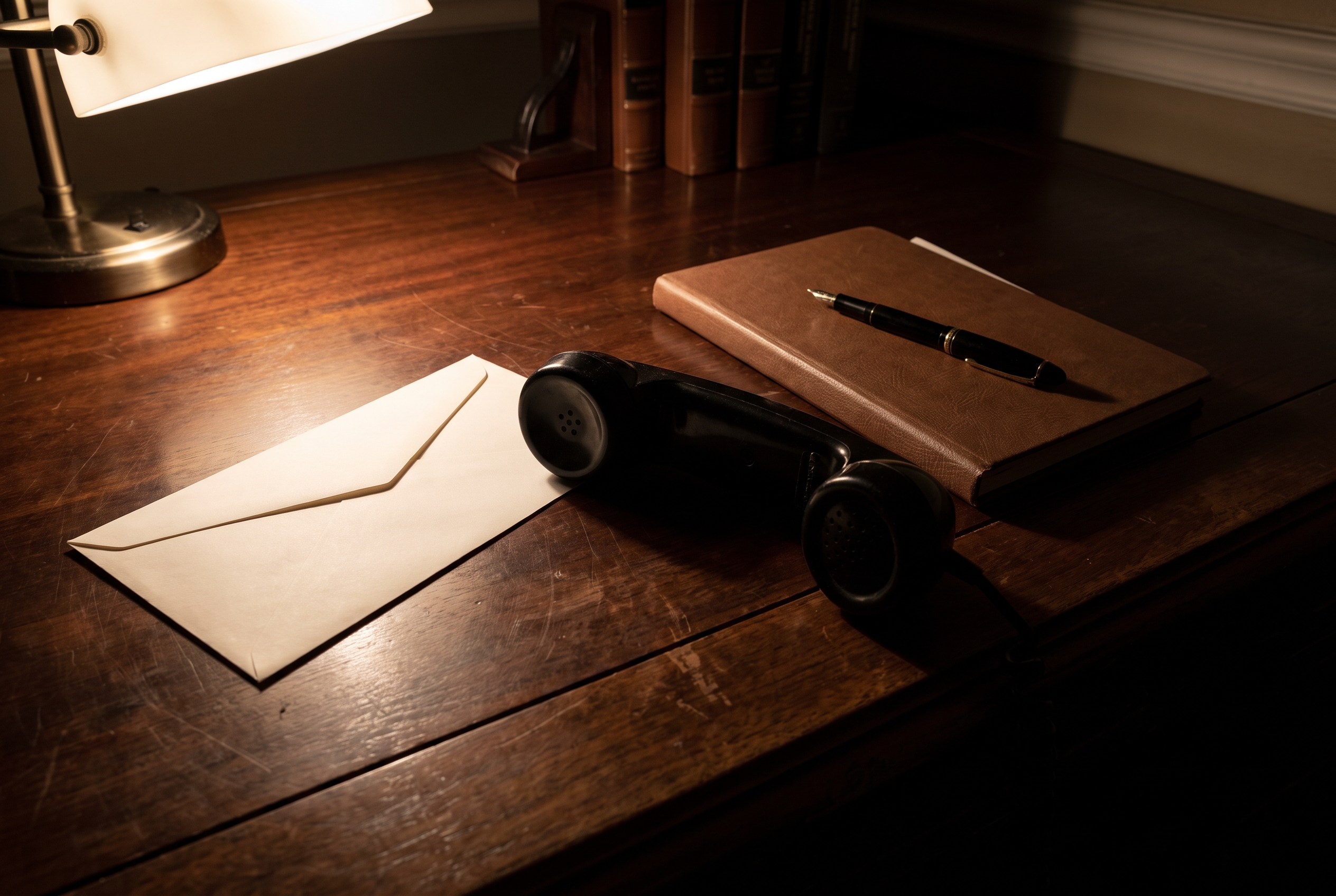 An unopened envelope rests on a dark wood desk beside a lifted telephone receiver, a closed legal pad, and a pen under lamp light.
