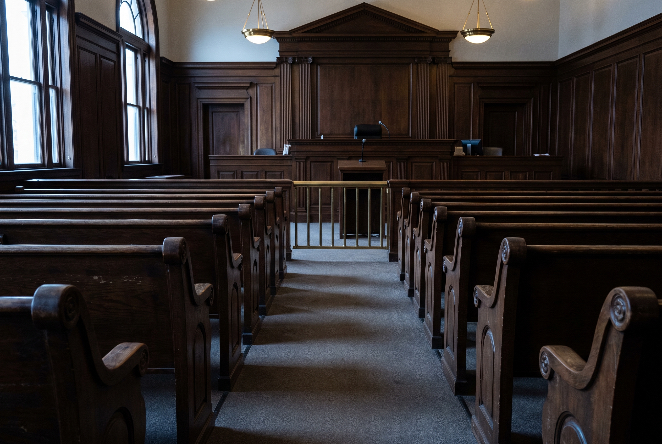 An empty courtroom seen from a low angle, with dark wood benches receding toward the judge's bench under soft window light.