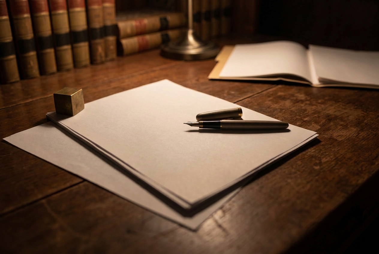 A plea form with blurred print on a dark wood desk, an uncapped fountain pen lying across it beside a brass paperweight in warm lamplight.