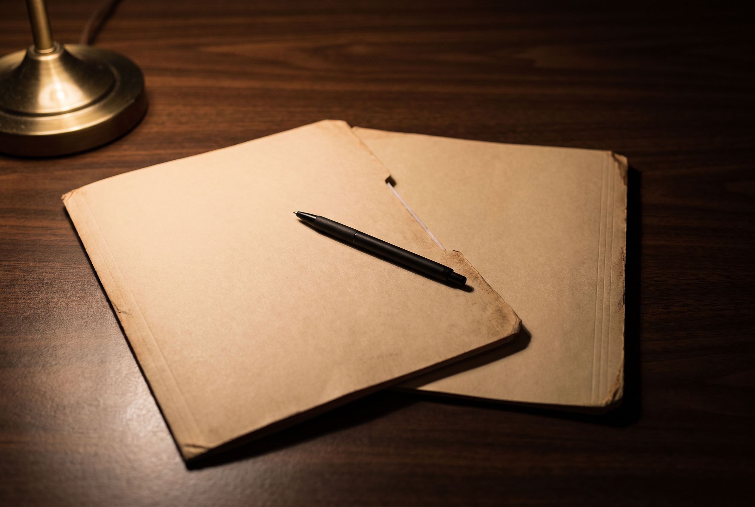 Two overlapping closed folders and a pen on a dark wood desk under a single lamp, suggesting competing sentencing recommendations.