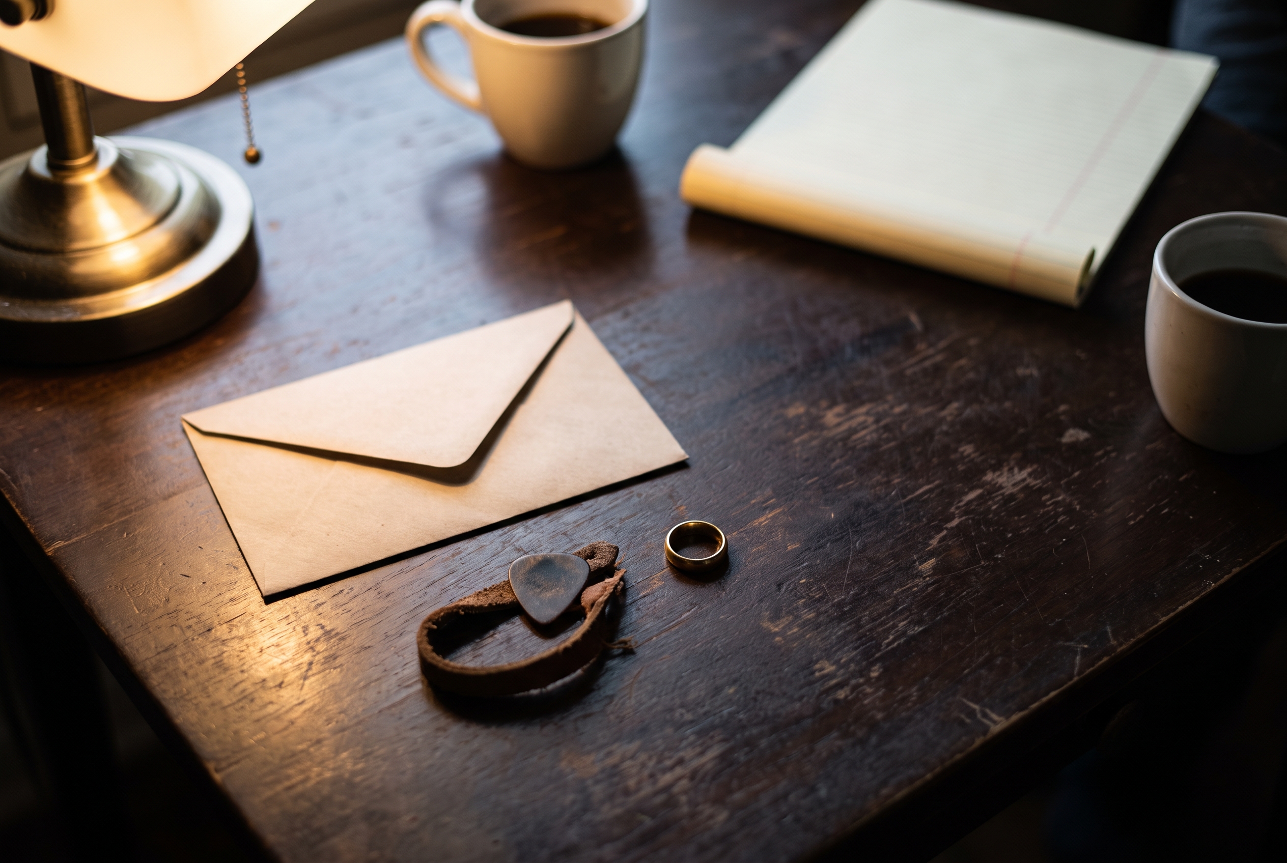 A folded blank letter, a worn guitar pick on a leather strap, and a plain wedding band on a dark wood table under soft lamp light.