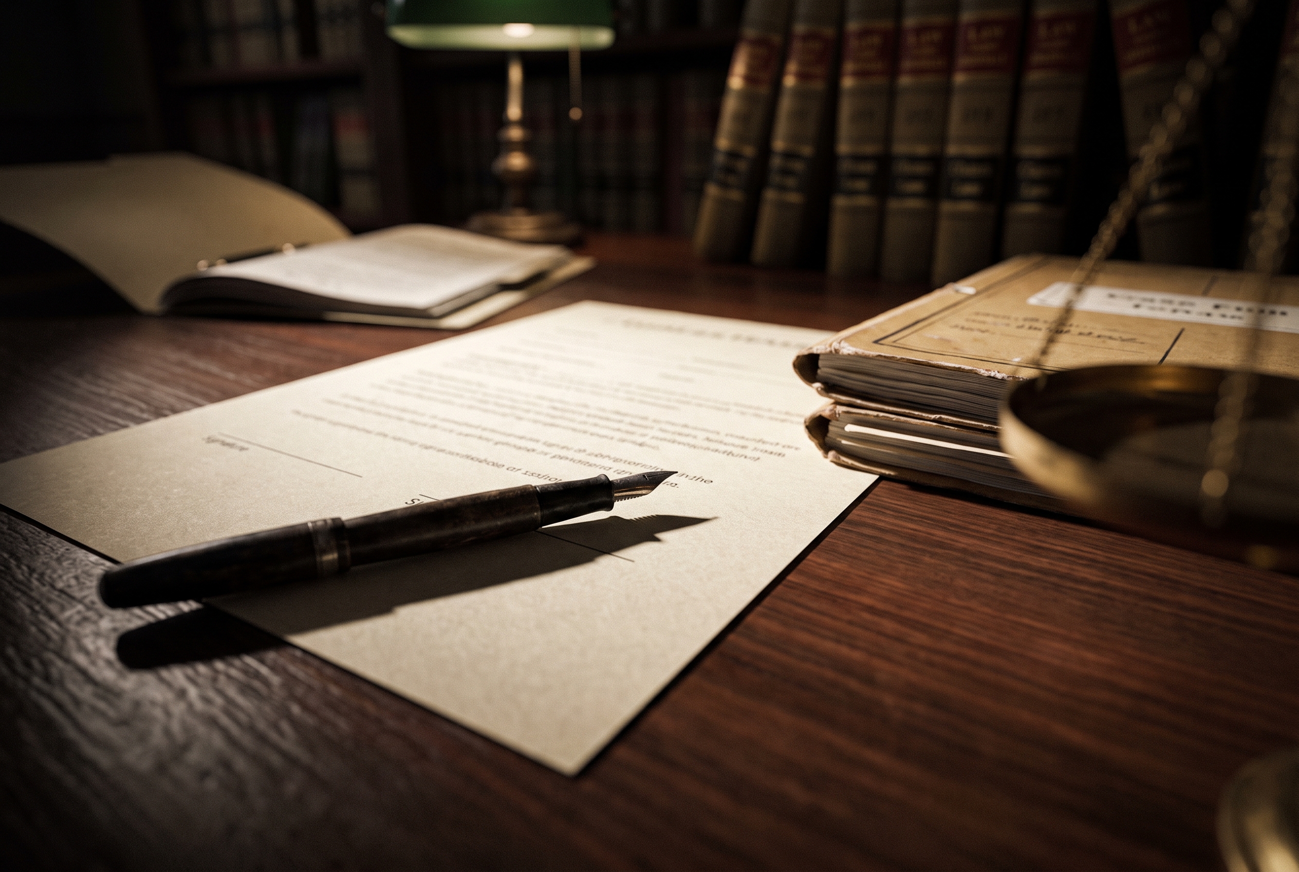 A pen resting on the signature line of a legal document on a dark wood desk, with a blurred scale of justice visible at the edge of the frame.