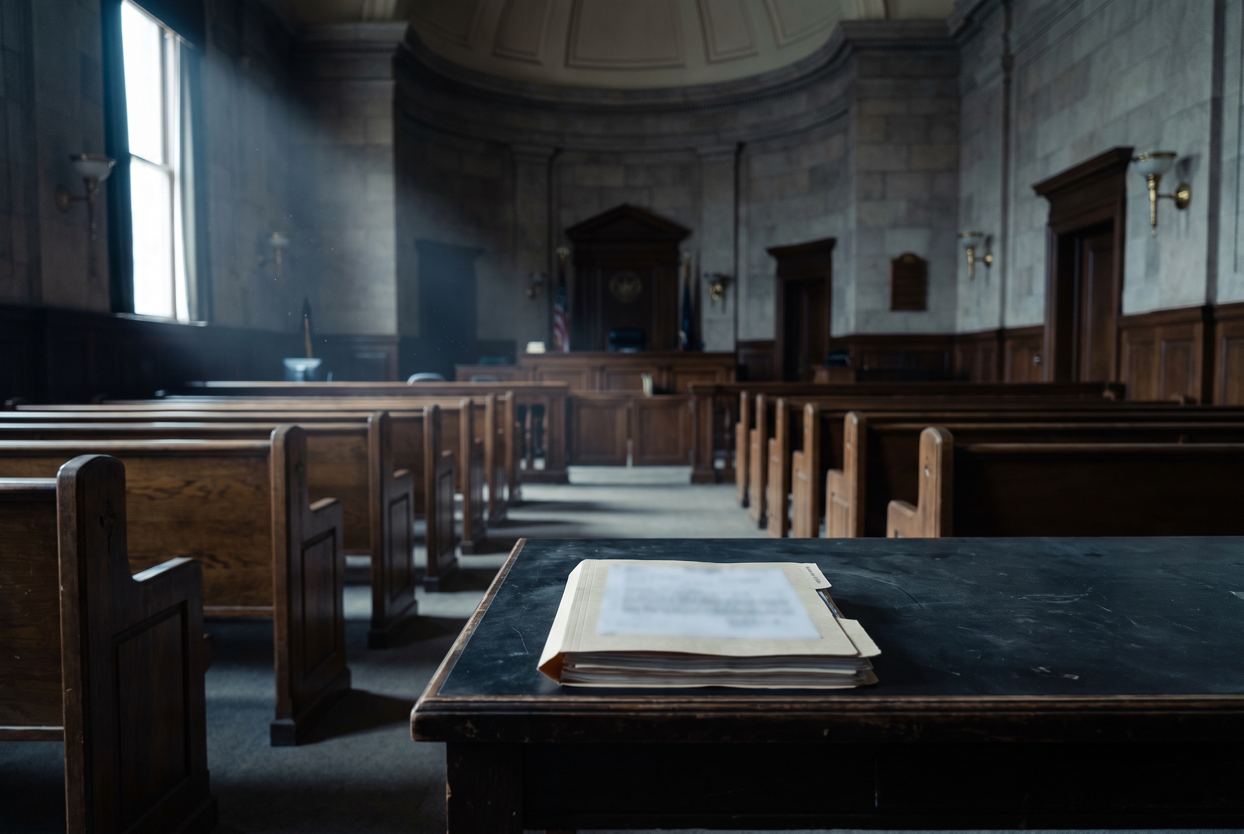 An empty courtroom seen from a low angle with wood benches receding and a single file resting on the defense table in a shaft of window light.