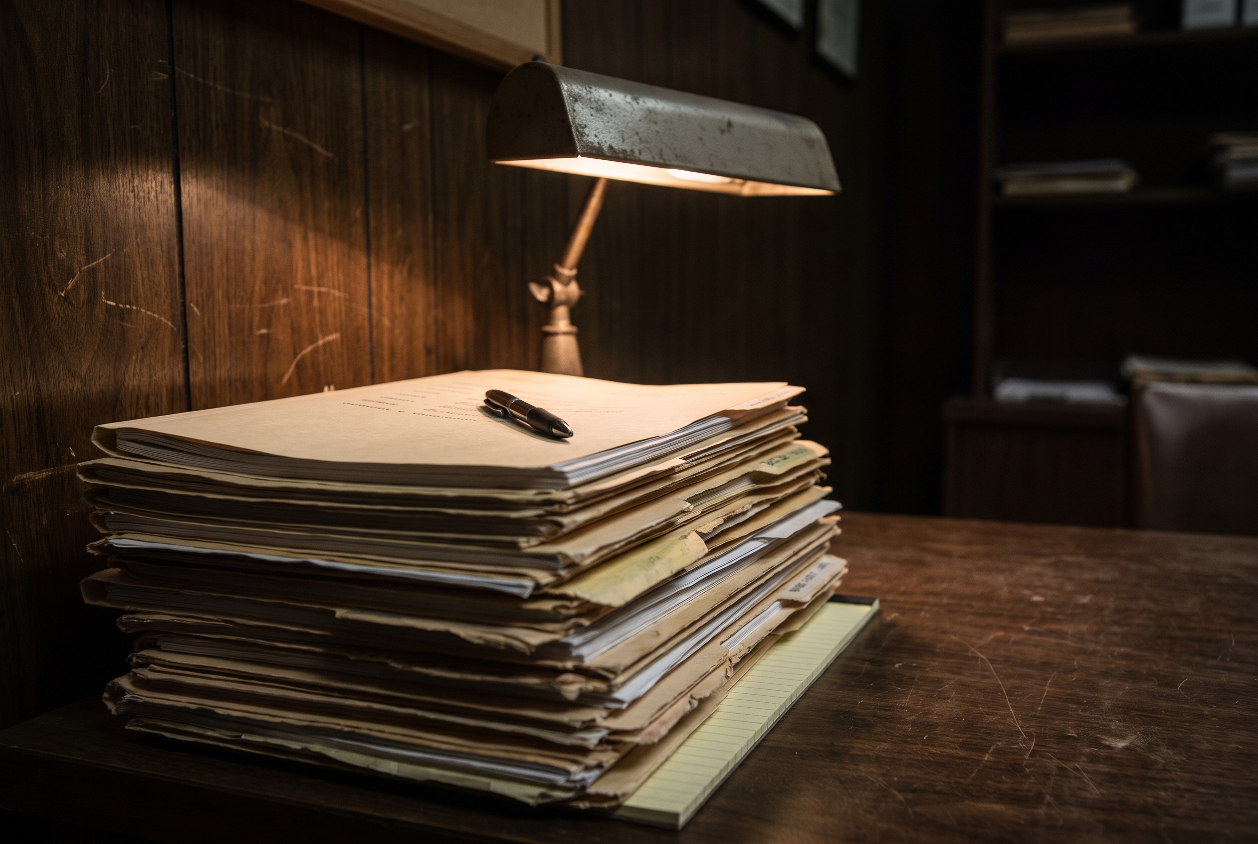 Close-up of a tall stack of manila case folders on a desk, lit by a single lamp against a dark paneled wall.