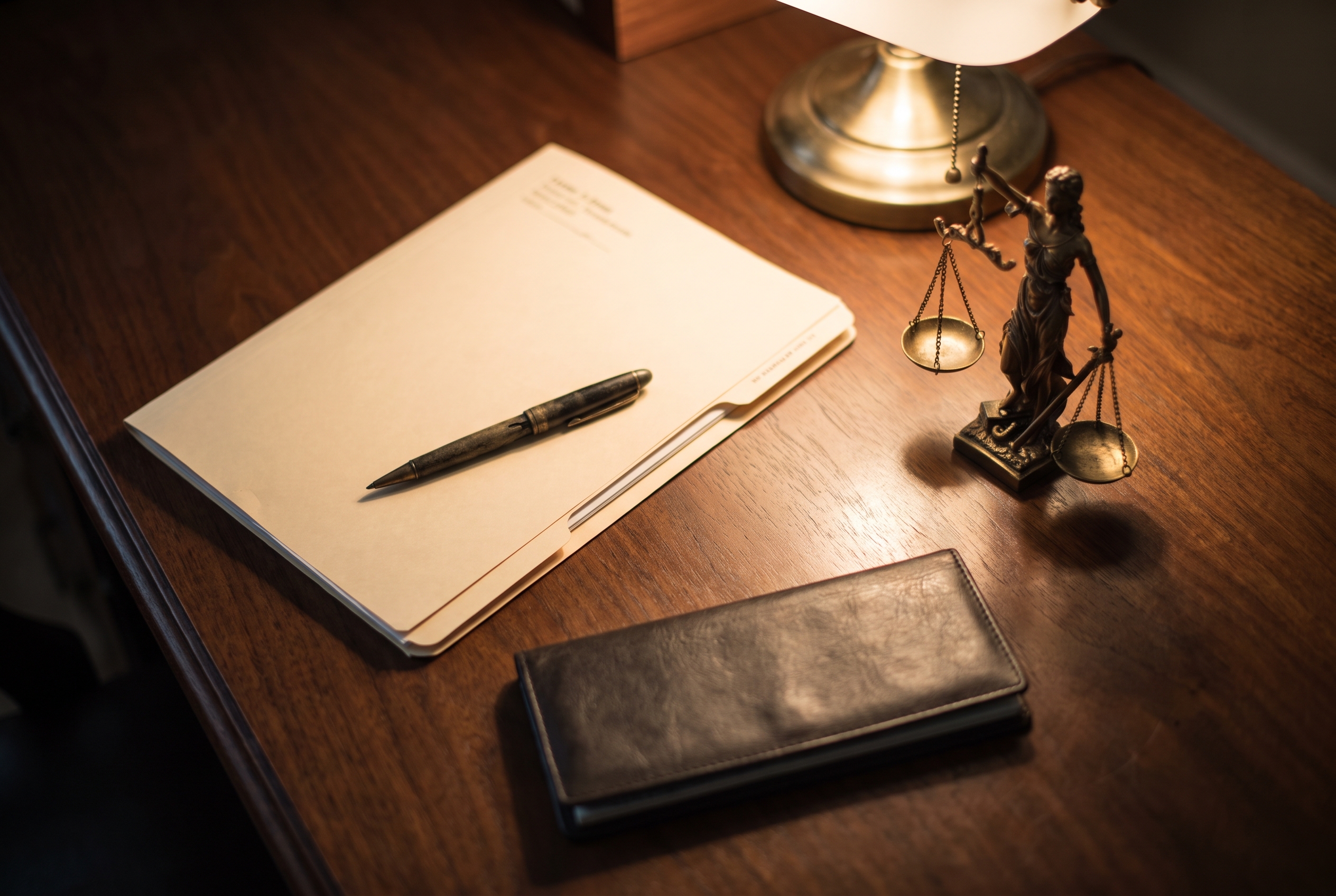 Overhead close-up of a pen resting on a closed fee agreement beside a small brass scales figurine on a dark wood desk.